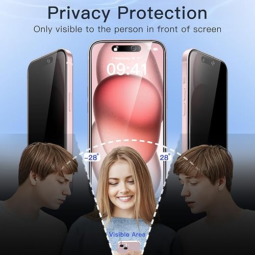 Miniatura 4 de JETech Protector de pantalla de privacidad para iPhone 15 de 6.1 pulgadas, película de vidrio templado antiespía con herramienta de fácil