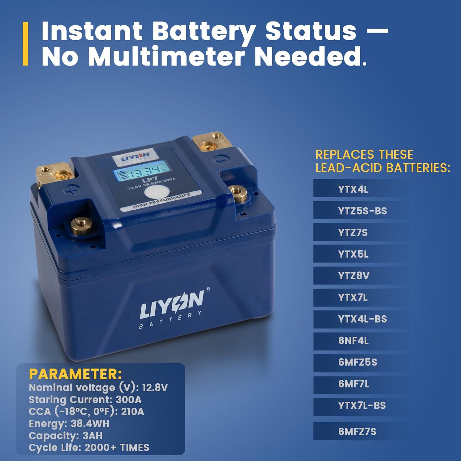 LIYON BLP7 Lifepo4 Lithium 12V 3Ah Powersports Starter Battery with Display Screen, Start Power 300A 210 CCA(-25°C) for Motorcycles 125-450cc, Sportbike 250-500cc, ATV 150-450cc, UTV 170-300cc