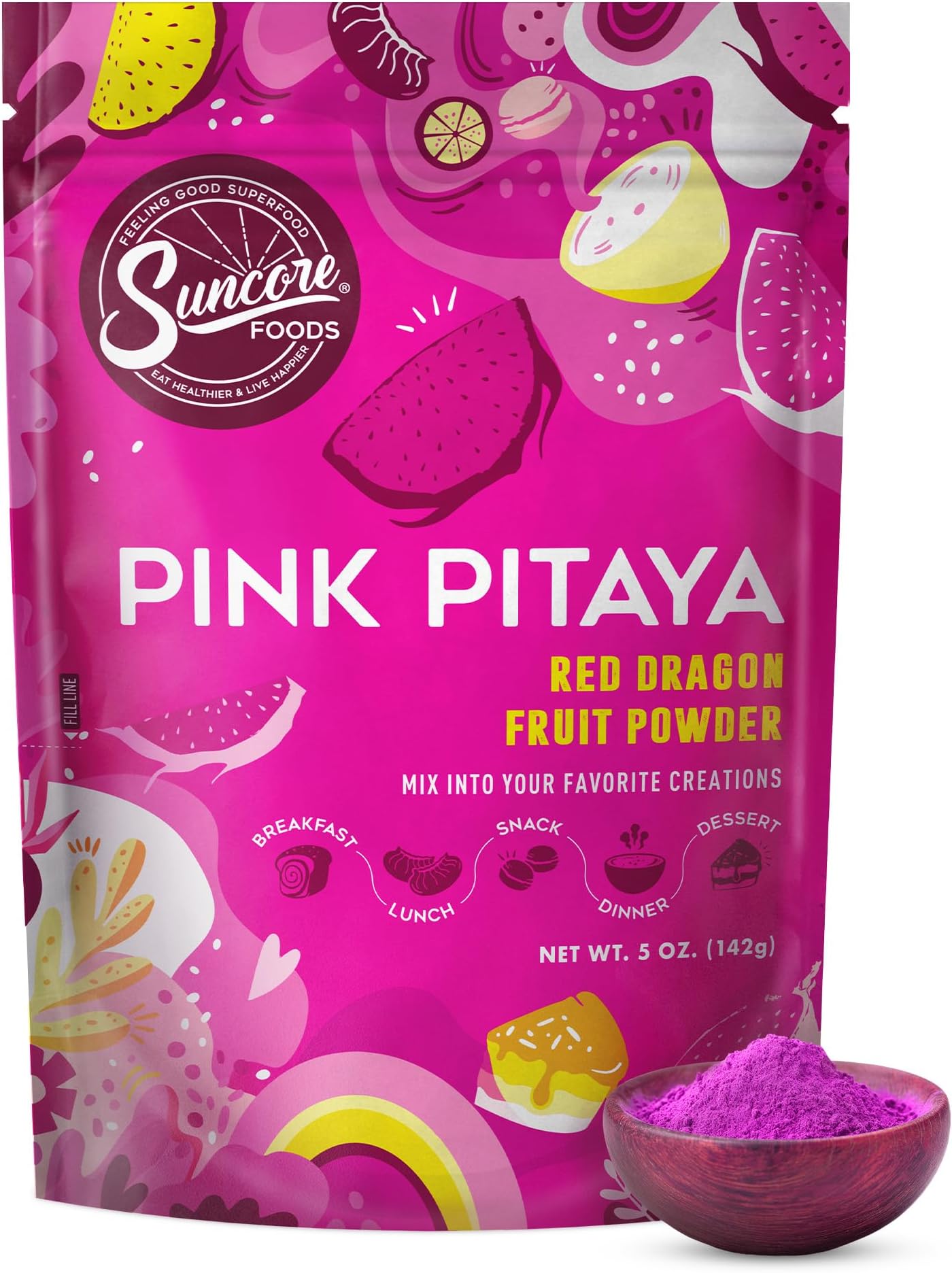 Suncore Foods Pink Pitaya Powder 5oz (Dragon Fruit) | Gluten Free | Vegan | Natural Pink Food Coloring, For Baking, Frosting, Desserts, Smoothies, Red Dragon Fruit Syrup, Non-GMO, Resealable Pouch