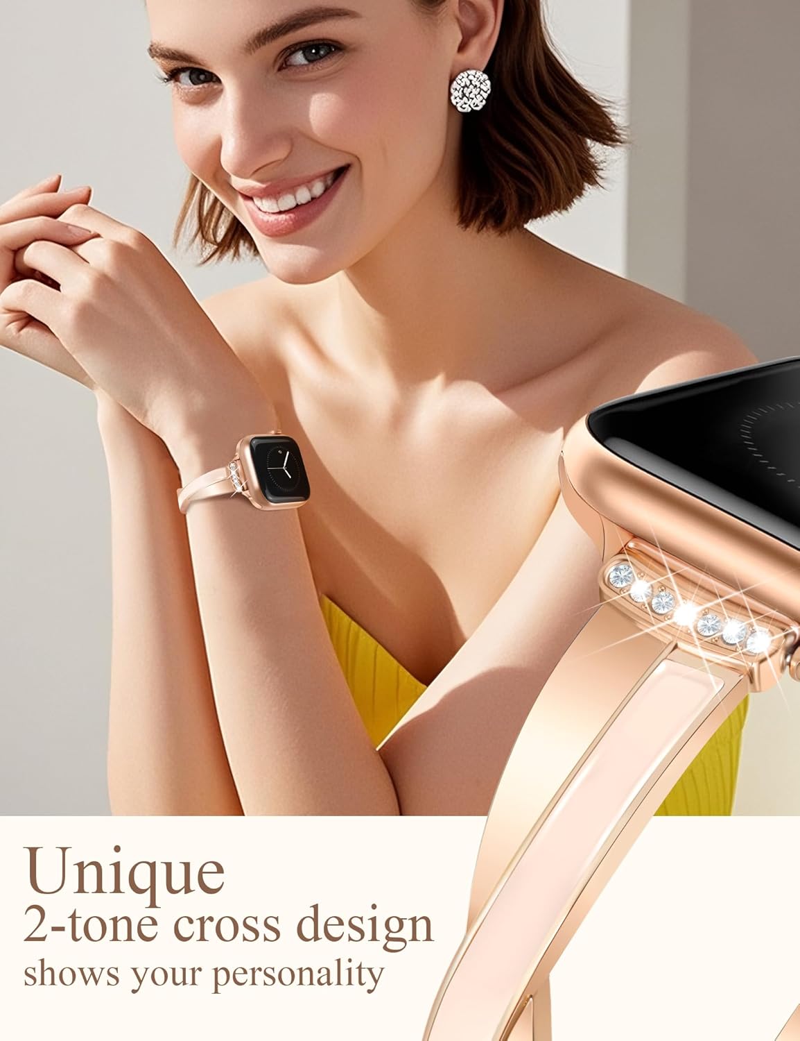 Rose Gold Slim Watch Band for Women Compatible with Apple Watch 42mm(S3/2/1)/44/45/46/49mm Designer Dressy Bracelet Adjustable Metal Strap for iWatch Series 11/10/9/8/7/6/5/4/SE 3/2/1/Ultra - Image 2