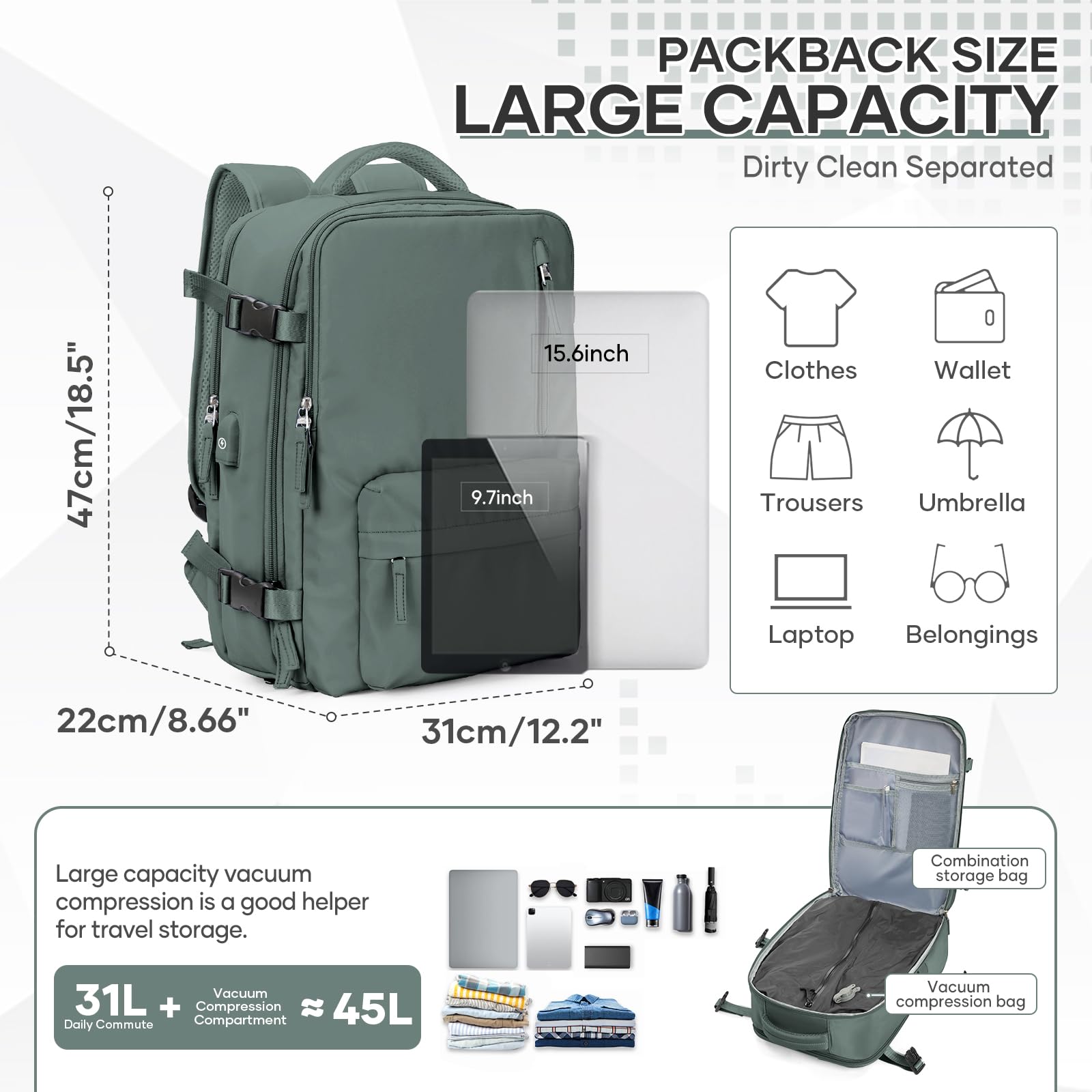 Zaino Sottovuoto da Viaggio con Pompa, Borsa da Cabina per Easyjet Bagaglio a Mano Impermeabile Lavoro e Scuola Trekking Casual Daypack per 15.6" laptop,S4-verde