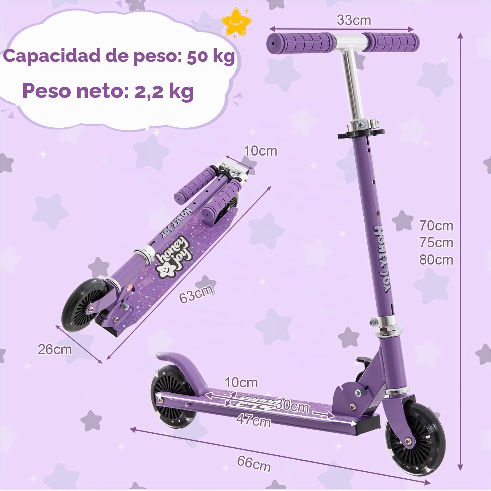 KOMFOTTEU Patinete para Niños, Patinete Infantil con 2 Ruedas LED y Freno, Monopatín Plegable con 3 Alturas Ajustables, Scooter de Aluminio con Carga 50 kg, para Niños