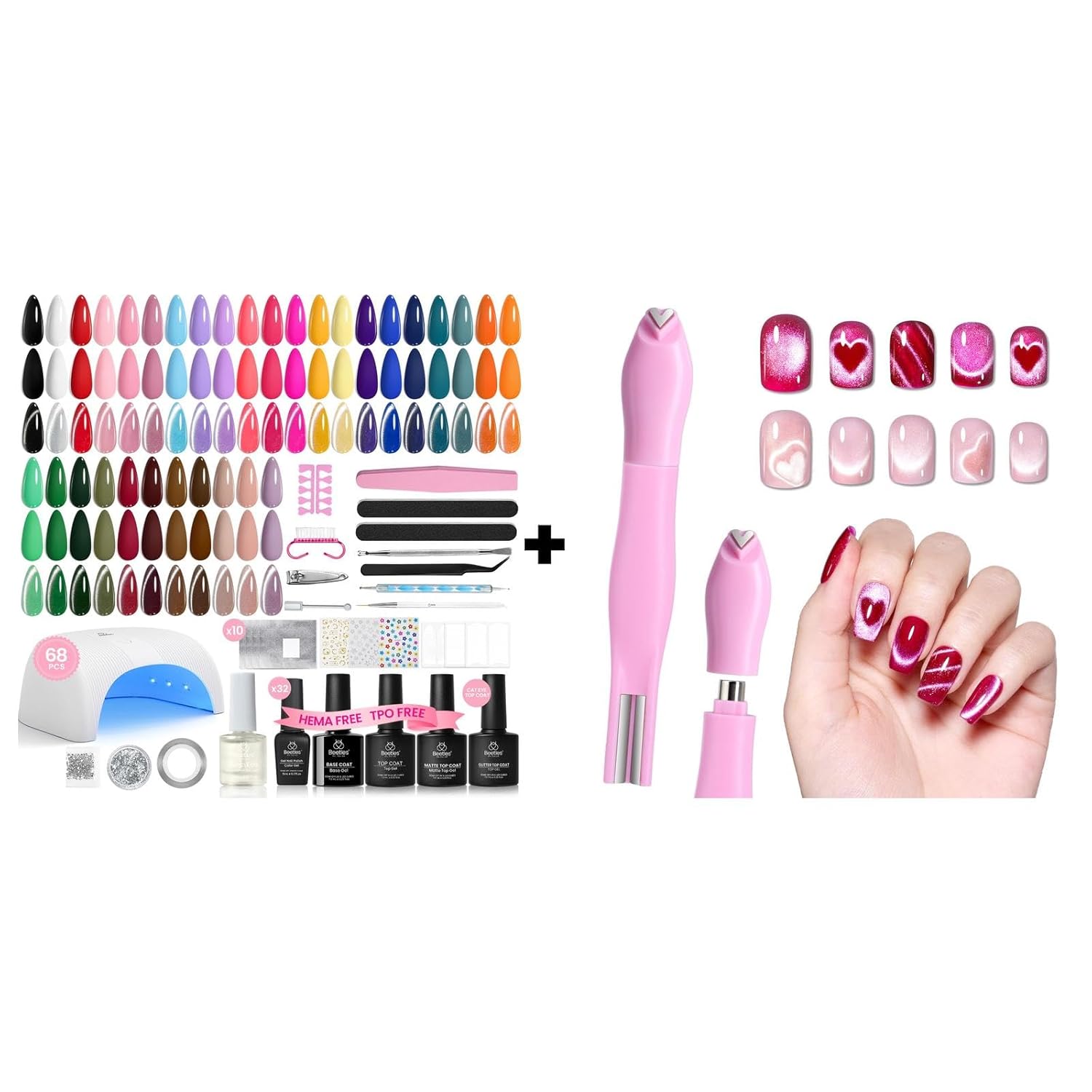 Beetles Gel Nail Polish Kit 32 Colors, 68PCS All-in-One Set with Cat Eye Top, Base and Top Coat & Cat Eye Nail Magnet 3 in 1, Multi Effect Magnetic Nails Art Tool