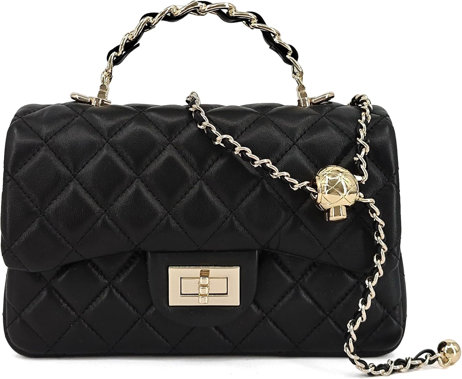 M-ioi-M Small Quilted Crossbody Bags for Women,Leather Shoulder Bag with Gold Chain Strap,Metal Top Handle Flap Evening Purse