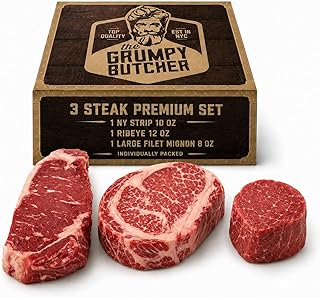 Grumpy Butcher Aged Premium Steak Trio, 3 Pack - USDA Top Choice Beef Steak, Father Day Gifts, With Gift Box Option - Ships Frozen