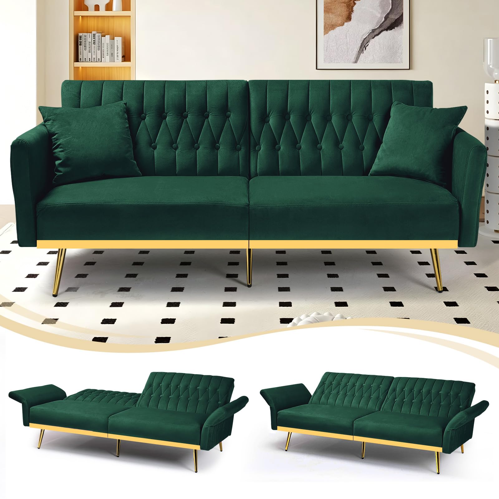JoyHarb 178cm Velvet Loveseat With Adjustable Backrests and Armrests, Modern Two Seats Sofa Bed With Sturdy Golden Bar & Legs, Futon Sleeper Couch With 2 Pillows Suitable For Living room, Green
