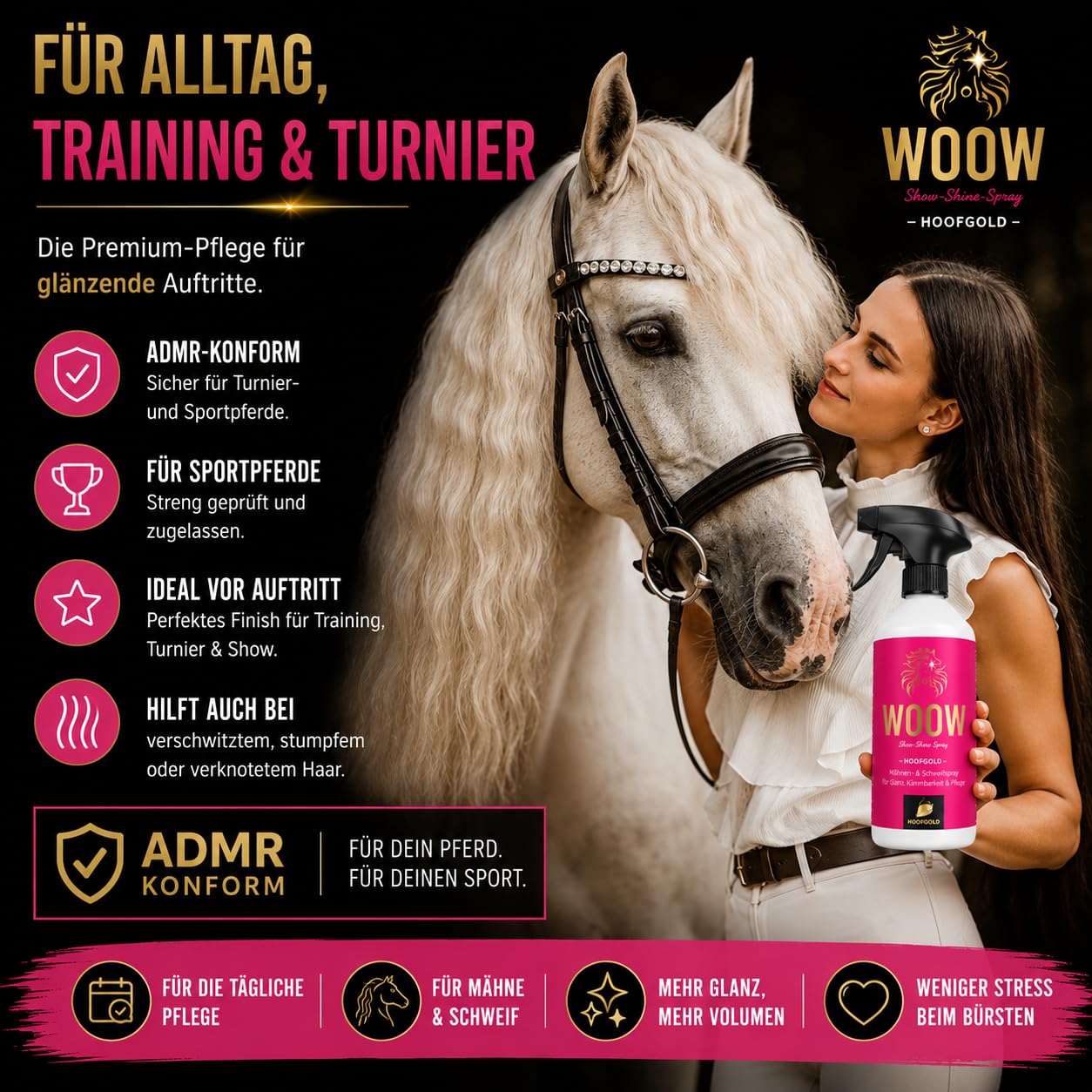 WOOW 2500 ML, Spray Brillance et demelant pour Chevaux, Grand Format Ecurie, demelage Rapide, Film Protecteur Anti poussiere, Finition Soyeuse Longue duree, ADMR Conforme