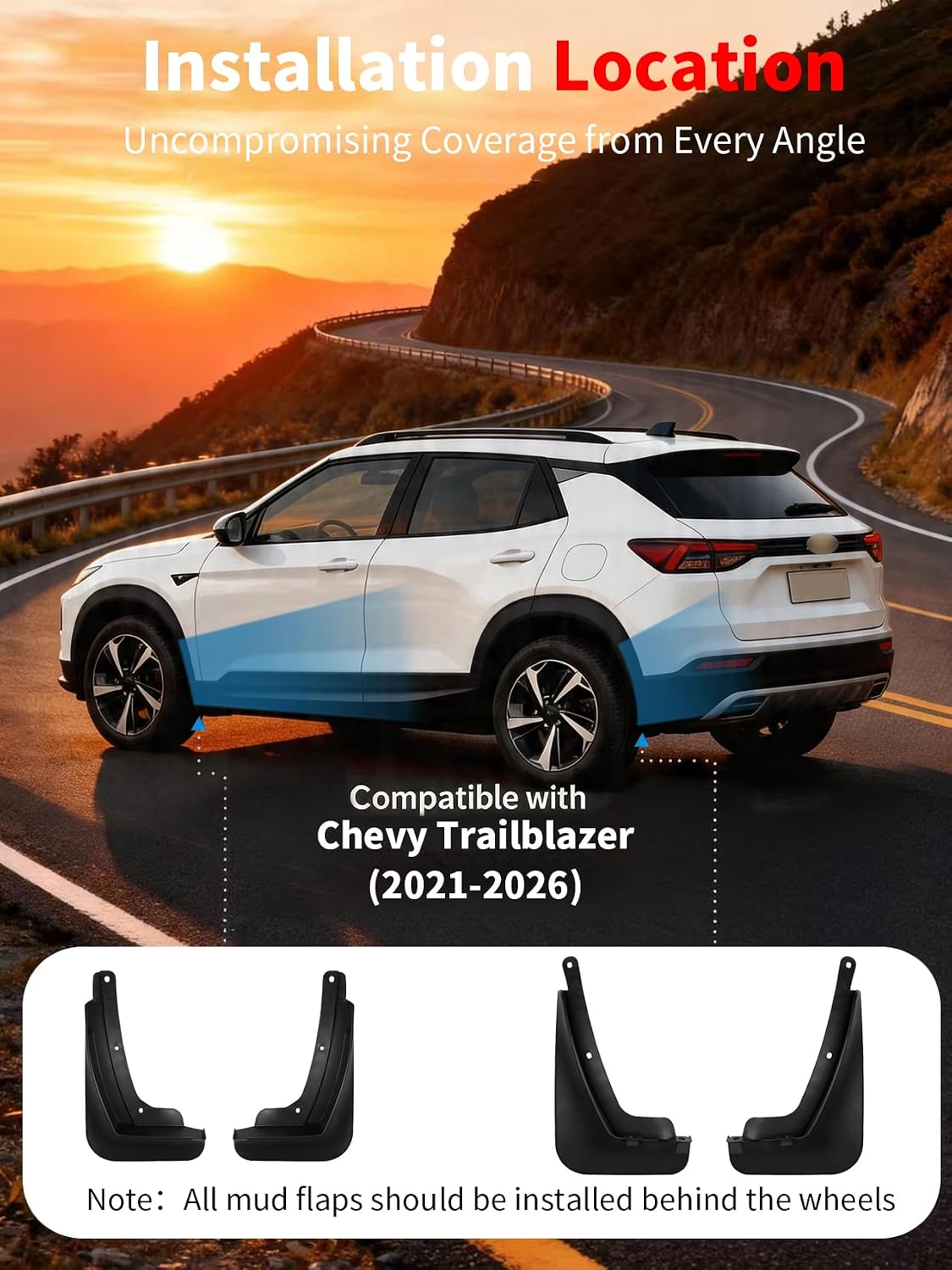 No Drill Mud Flaps for Chevrolet Chevy Trailblazer 2021-2026, OEM Thermoplastic Black Mud Guards, Heavy Duty Front Rear All Weather Splash Guards Fit for L/LS/LT/ACTIV Models, Not Fit RS