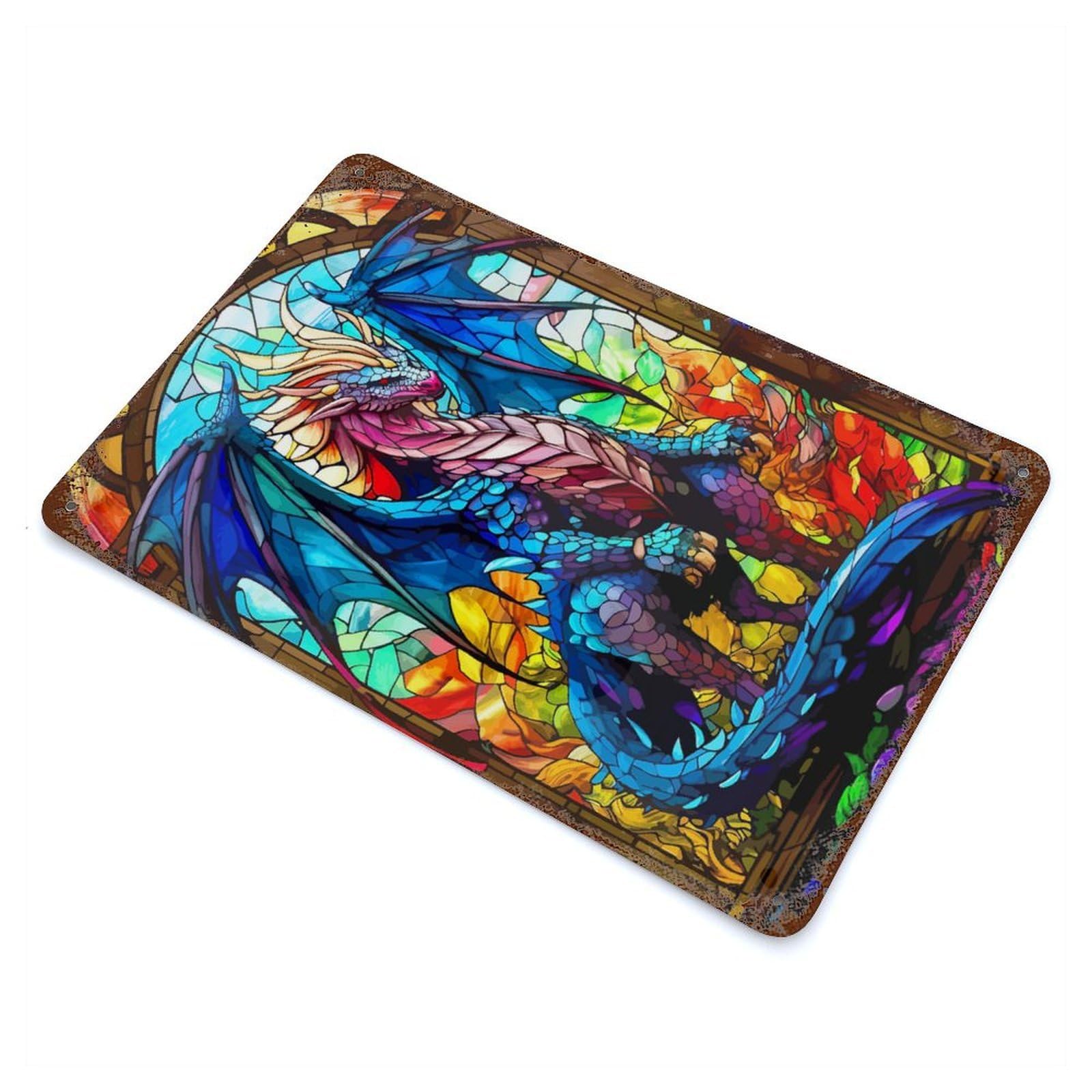 Stained Glass Dragon Aged Metal Wall Plaque 11.8"x7.9", for Pub, Kitchen And Man Cave Decor, Decorative Metal Wall Art
