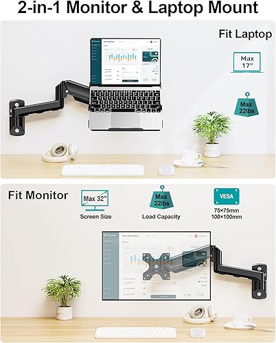 Vista 2 de MOUNT PRO Soporte de pared para laptop, soporte de pared para monitor 2 en 1 con bandeja ventilada para computadora portátil de 11-17 pulgadas