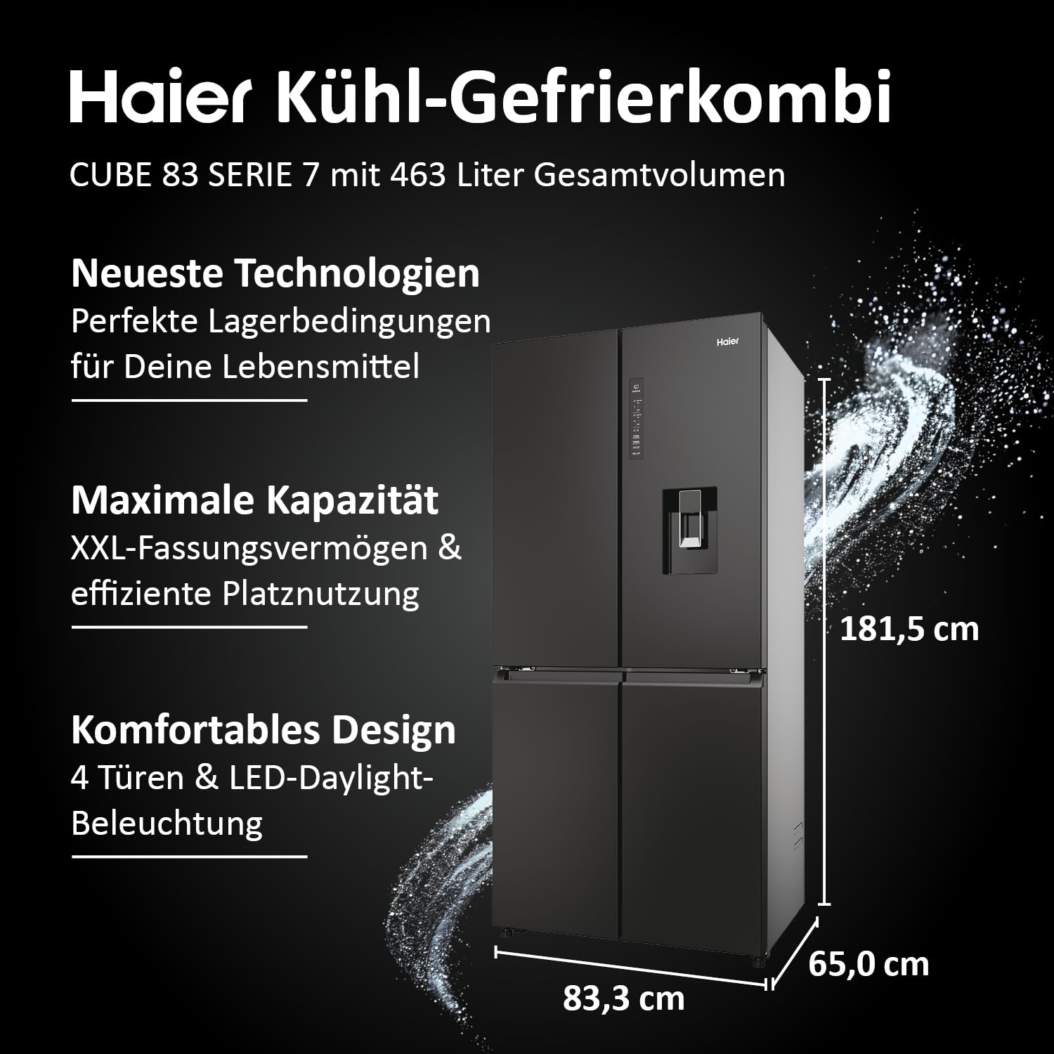 Haier Multi Door Kühl-Gefrierkombination CUBE 83 Serie 7 HCR7818DWPT | 4-türiger Kühlschrank mit Gefrierfach, XXL-Fassungsvermögen & 83cm Breite, 463L, Energieklasse D, Wasserspender & No Frost