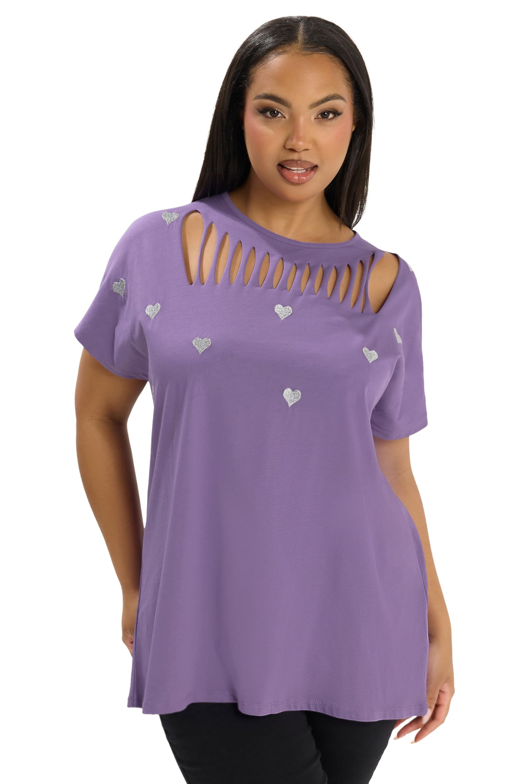 Yours Women's Heart Embroidered Slash T-Shirt in Purple | Size: 20