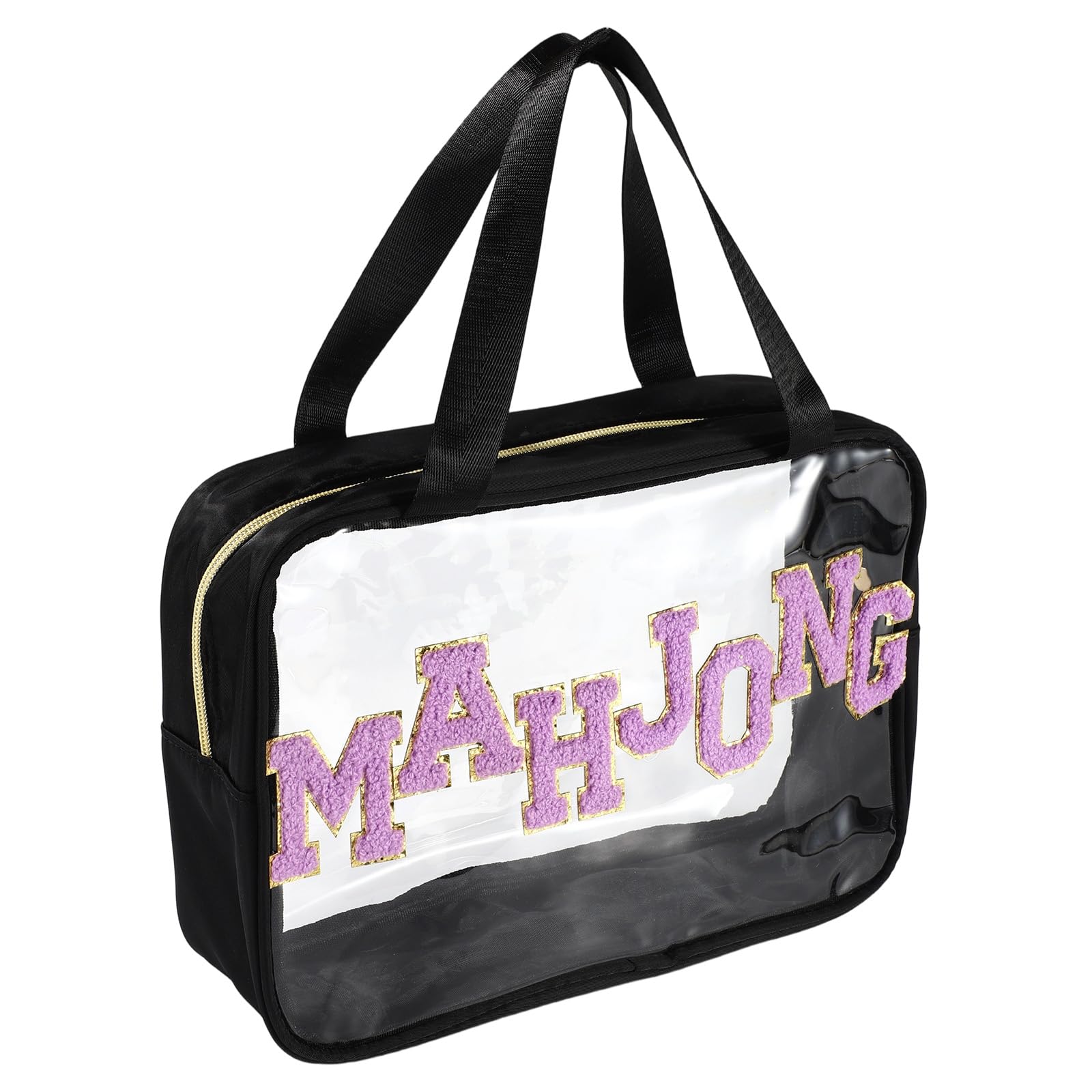 Empty Mahjong Bag, 11.81x8.66x3.54in PVC Material Clear American Mahjong Tile Travel Carrying Storage Case with Smooth Zipper and Sewn-In Chenille Lettering Patterns for Game Lovers(Only Bag, Black)