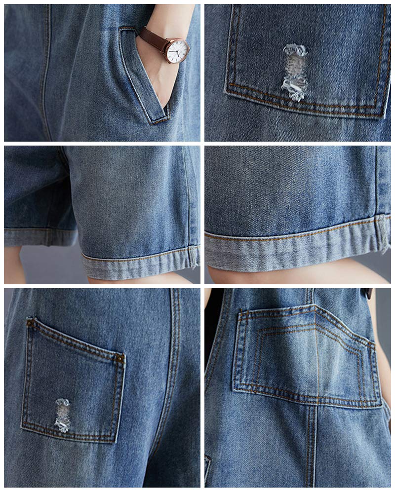 Salopette Donna Jeans Corta Gambe Larghe Pantaloncini Dungarees Denim Overall Jumpsuit con Tasche