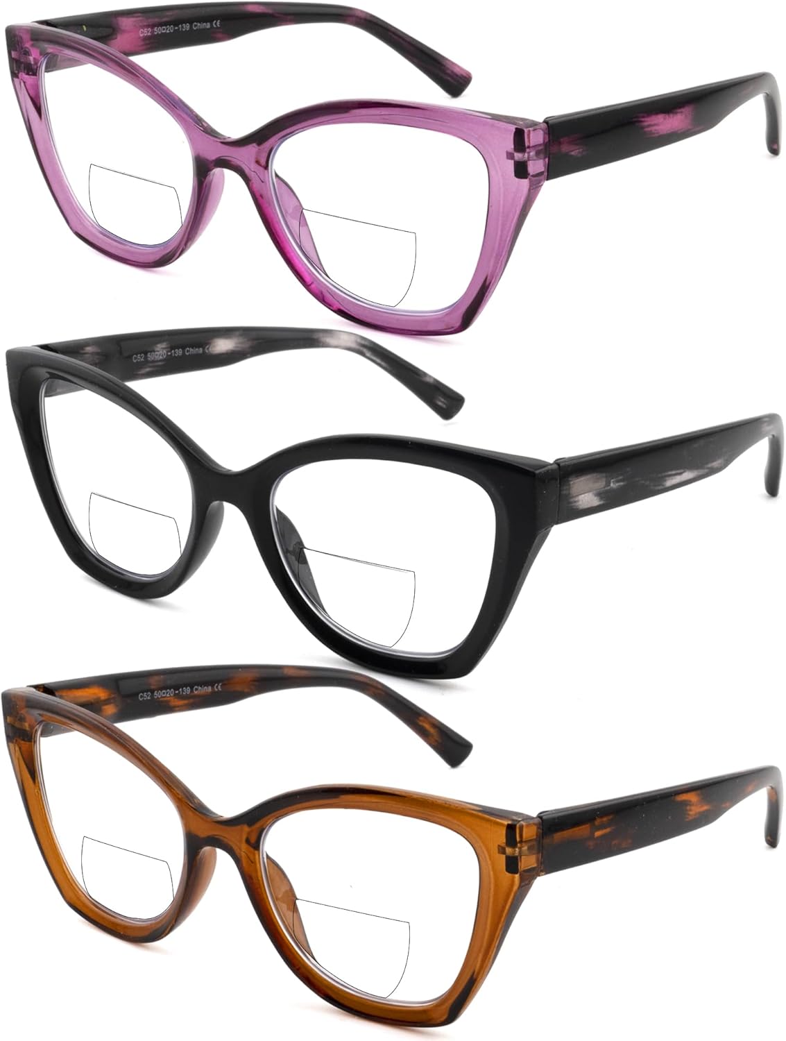 3 Pack Cat Eye Bifocal Reading Glasses for Women Stylish Blue Light Blocking Readers Dual Focal Clear Top Eyewear