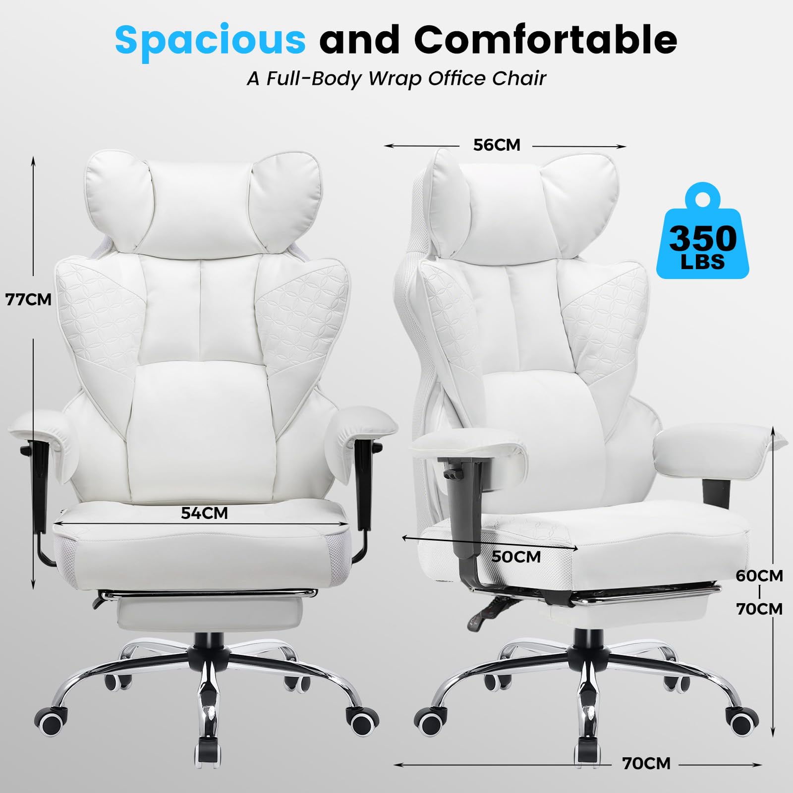 COMHOMA Silla Gaming Ergonómica, con apoyabrazos ajustables, soporte lumbar, muelles para personas altas, soporta 180 kg, asiento amplio, Blanca