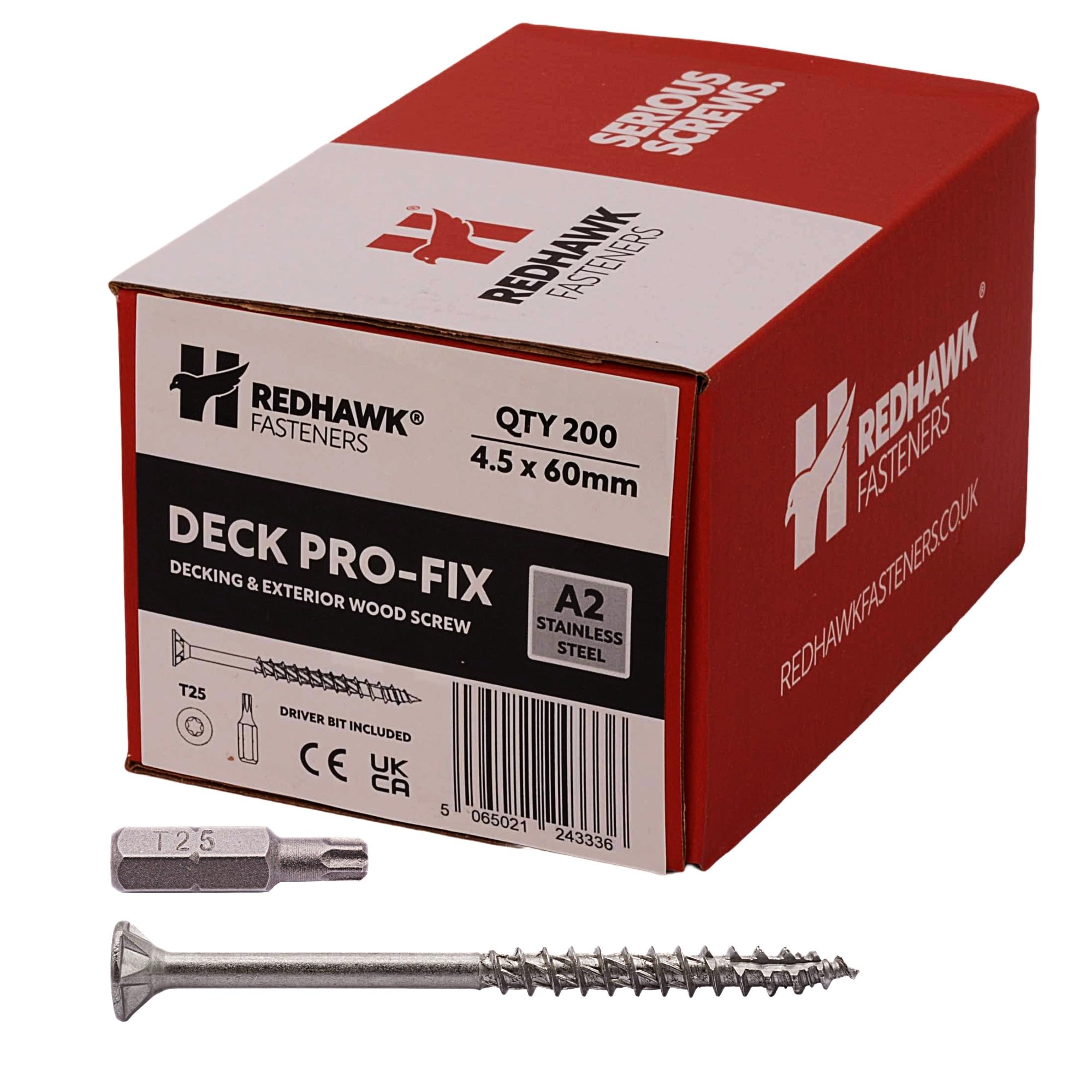 Redhawk Fasteners® Deck Pro-Fix Wood Screws A2 Stainless Steel – TX25, Self-Countersinking, Type 17 – Decking & Exterior Wood Screws + TX25 Driver Bit (Box 200) (4.5 x 60mm)