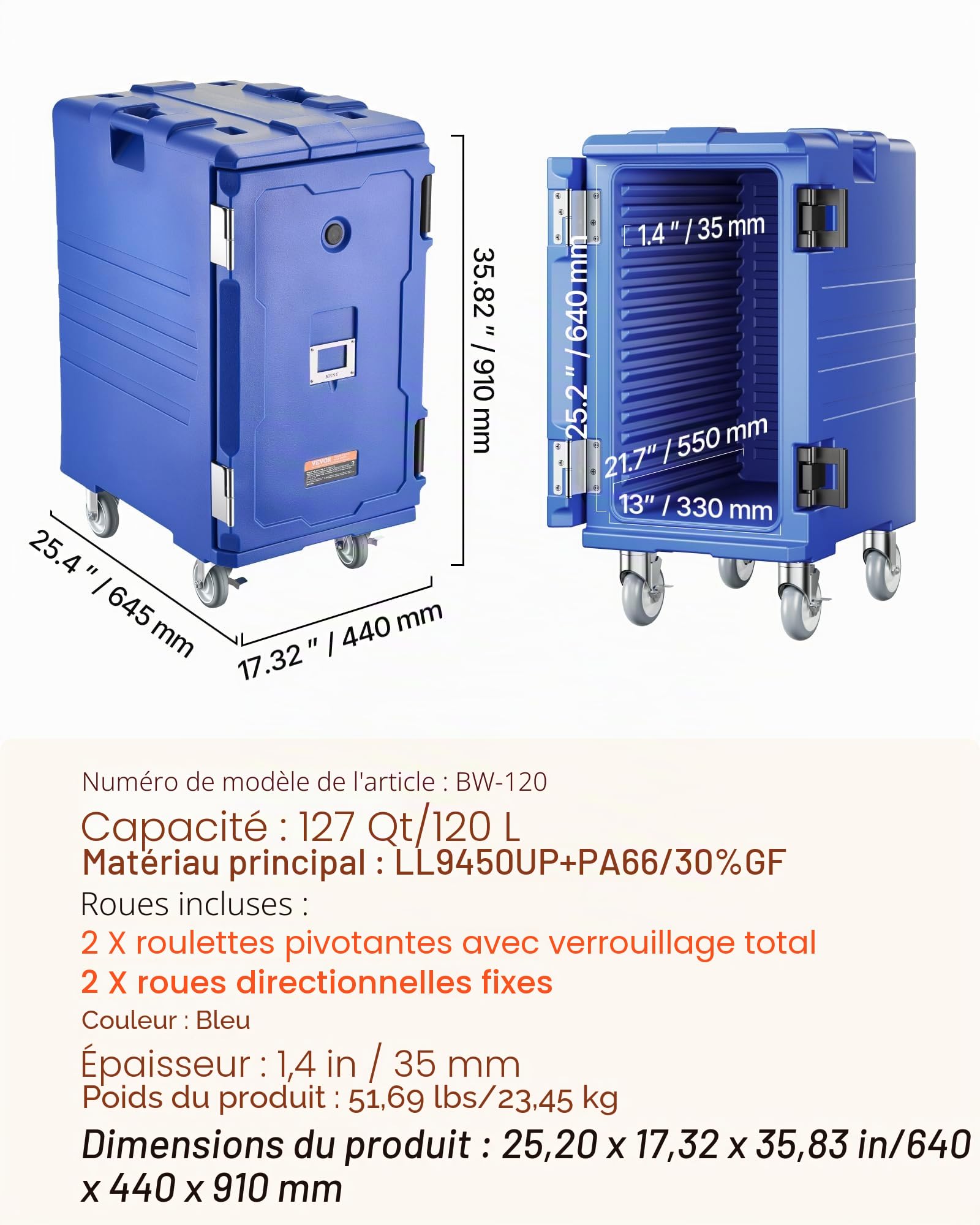 VEVOR Conteneur Isotherme pour Bac Gastronorme 120 L, Boîte de Transport Alimentaire Empilable, Chargement Frontal, Double Boucle, Poignées et Roulettes, Porte-plateaux pour Restauration Cantine, Bleu