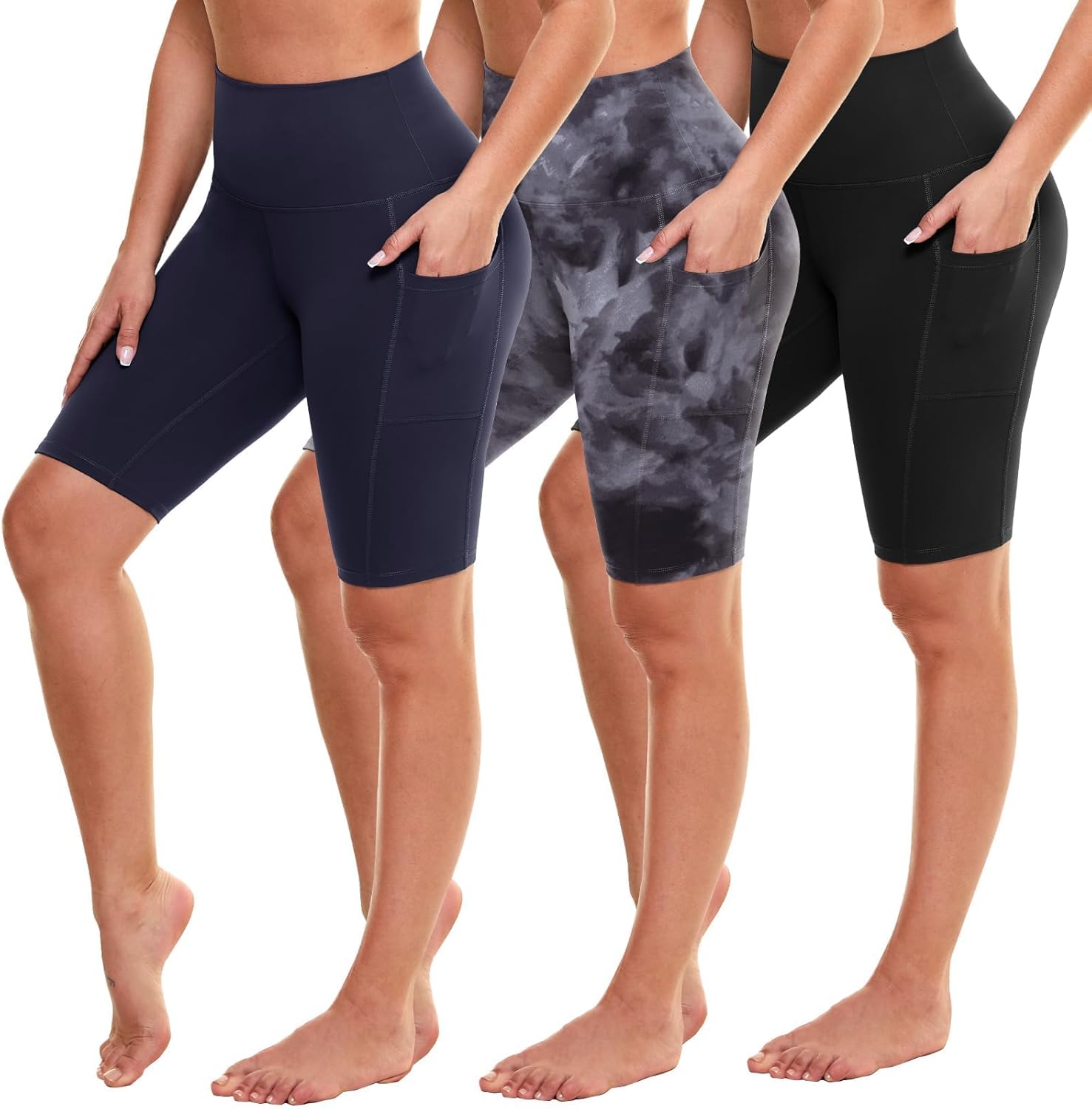GAYHAY 3 Pack Biker Shorts with Pockets for Women - 8" High Waist Compression Shorts for Workout Yoga Cycling