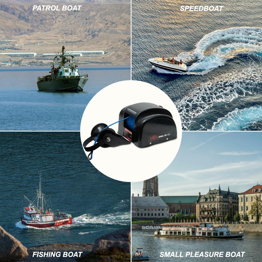 DRAGON WINCH Salpa Ancore Elettrico 12V 50 lbs (22 kg) – Verricello 150W con Corda Sintetica 30,5 m e Telecomando Senza Fili – per Barche da Pesca, Gommoni – Kit Completo Acqua Salata