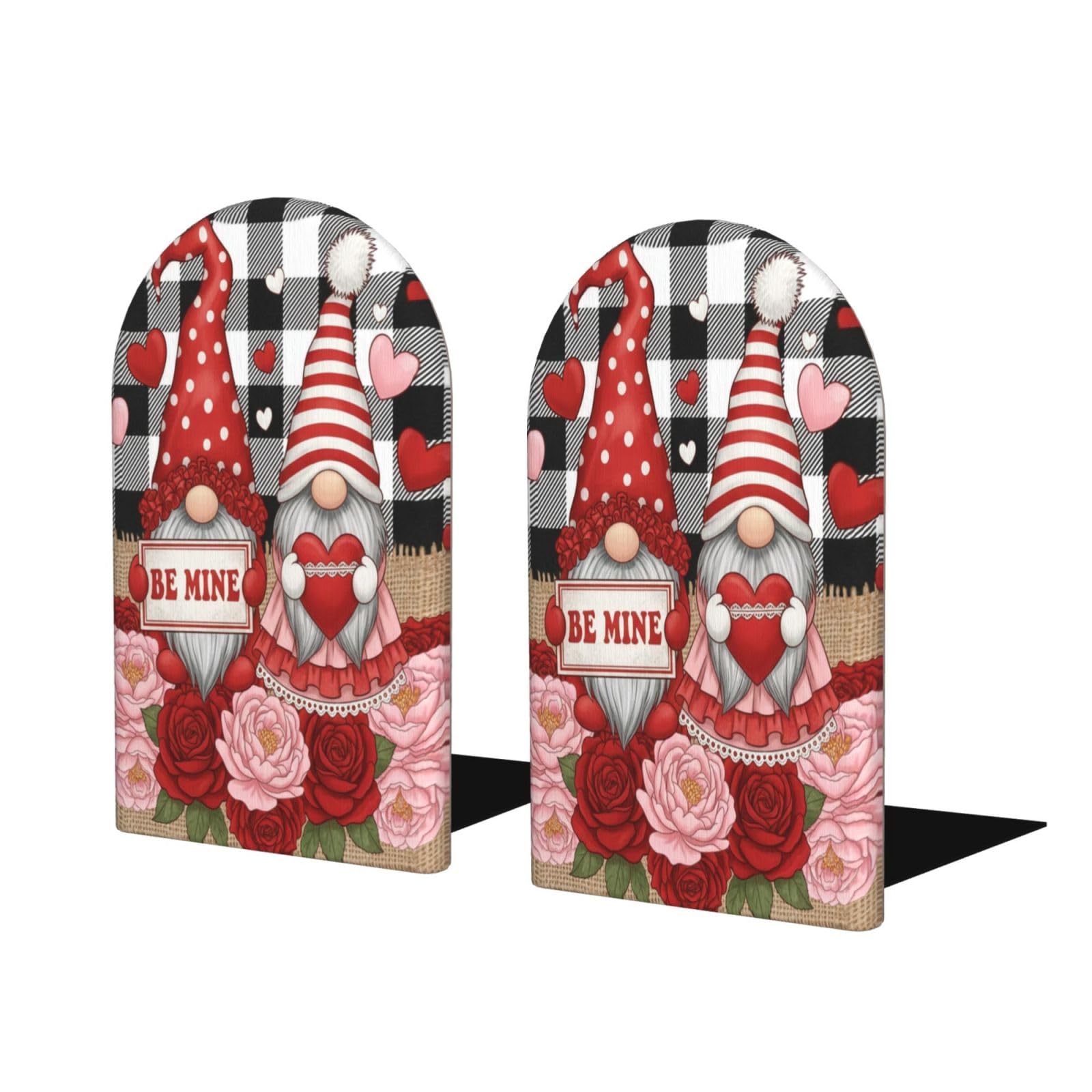 Wood Bookends for Shelves, Be Mine Gnome Non-Slip Book Ends for Home Office Decor, Aesthetic Decorative Book Stands/Holder/Stopper, Book Dividers, Desk Organizers