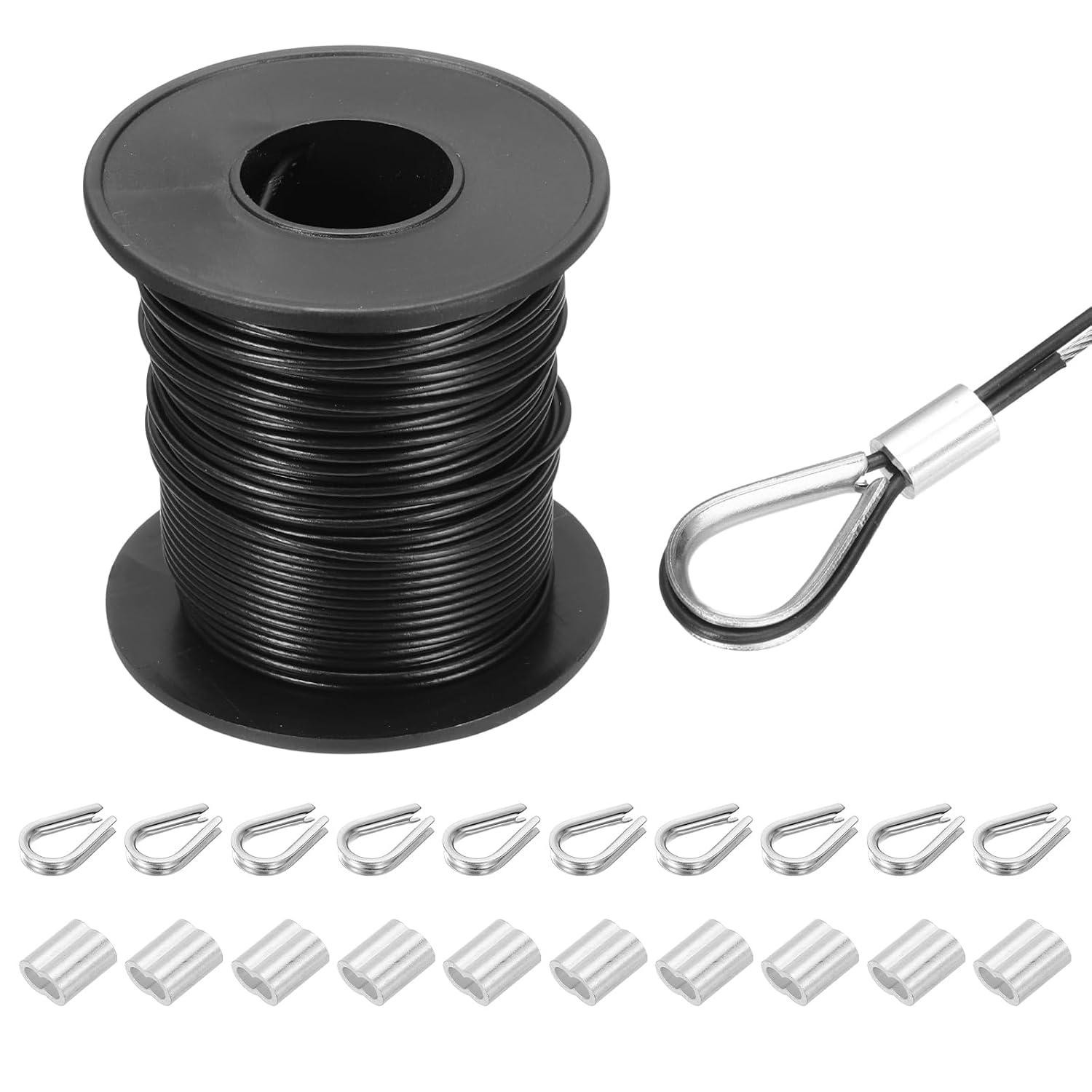 MECCANIXITY 98ft Wire Rope 304 Stainless Steel Cable, 1mm Vinyl Coated with 10pcs Aluminum Sleeves and Thimble for Railing, Decking, Hanging, Clothes Lines, Black 30m