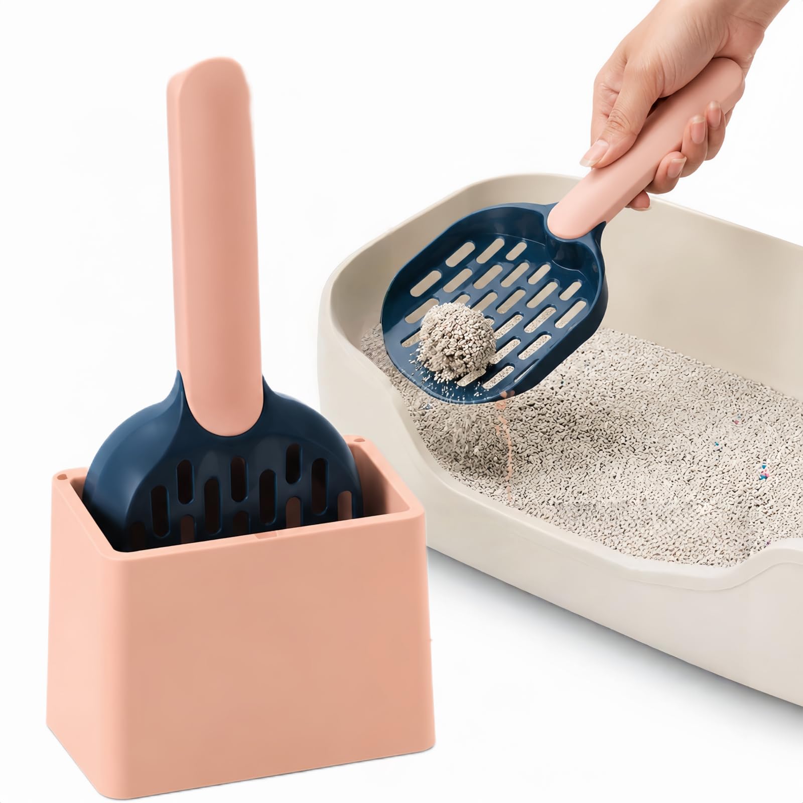 Cuchara grande rosa para arena para gatos con soporte, tamiz profundo para una fácil limpieza, cuchara duradera para arena para mascotas con soporte, 28 x 13,3 x 6 cm