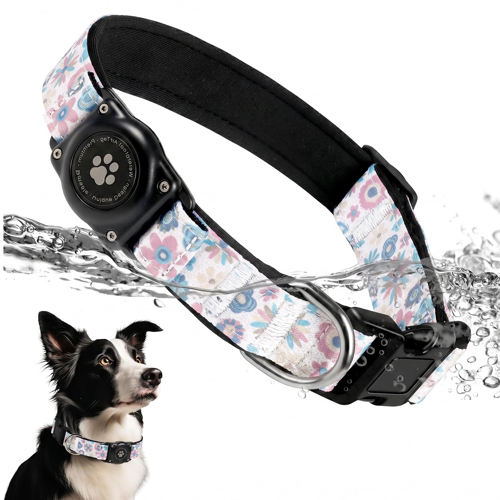 Upgrade Dog Collar with AirTag Holder, IP68 Waterproof, Boho Bloom, XL