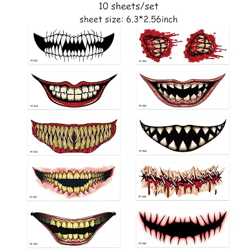 Miniatura 5 de Tatuajes temporales de Halloween  Calcomanías de boca de terror, tatuajes falsos de boca sangrienta de payaso  10 hojas de calcomanías de maquillaje