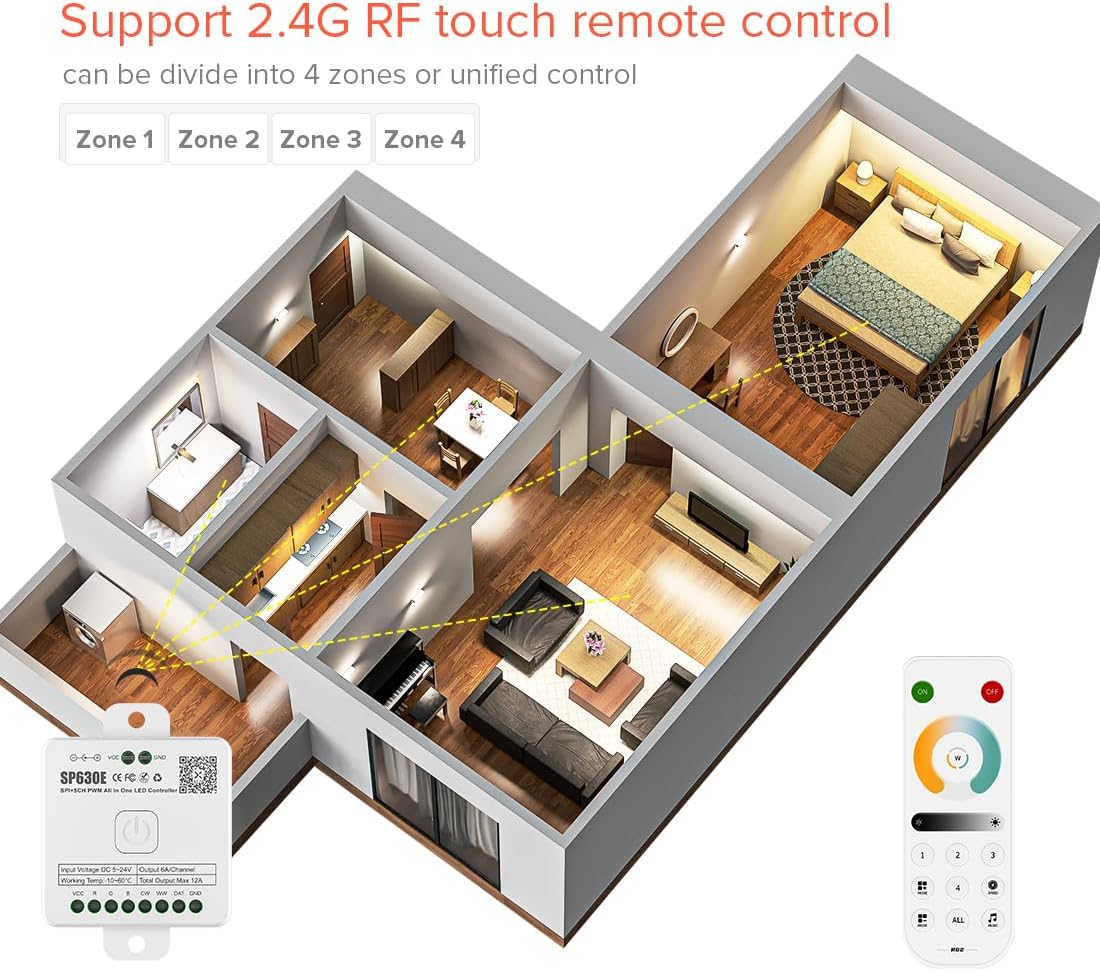 BTF-LIGHTING FCOB COB Addressable CCT WS2811 IC Chasing White Light LED Strip 16.4FT DC24V Tunable 3000K-6000K CRI 90+ 576LED/m,4 Zones 2.4GHz RF Remote RB2 & SP630E Bluetooth Controller(No Adapter)