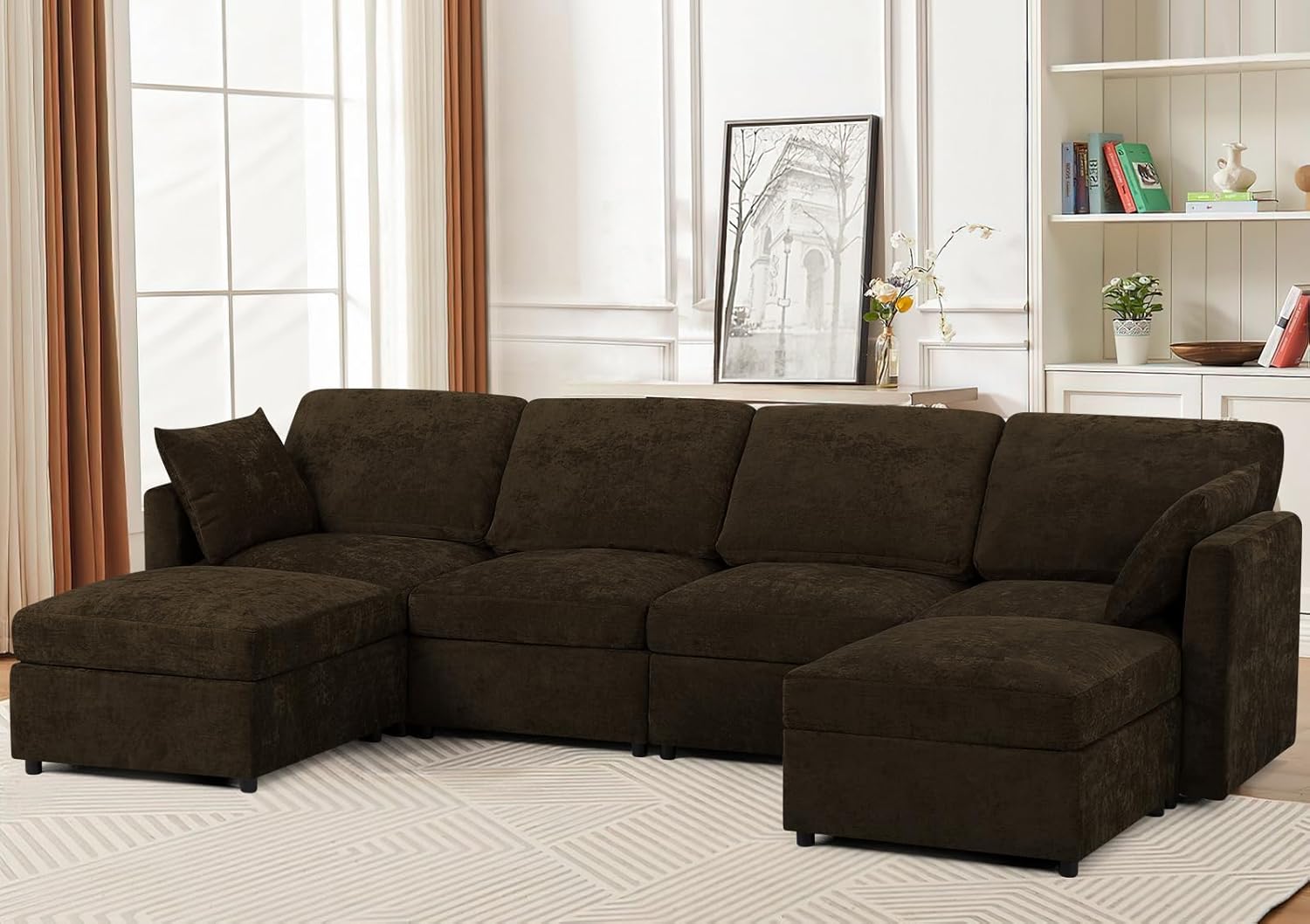 110” Chenille 4 Seats Sofa W/2 Movable Ottoman, Modern Fabric U-Shaped Couch with Soft Backrest, Upholstered Sectional Sofa with Armrest Pillows for Living Room, Office, Brown U Sofa Brown
