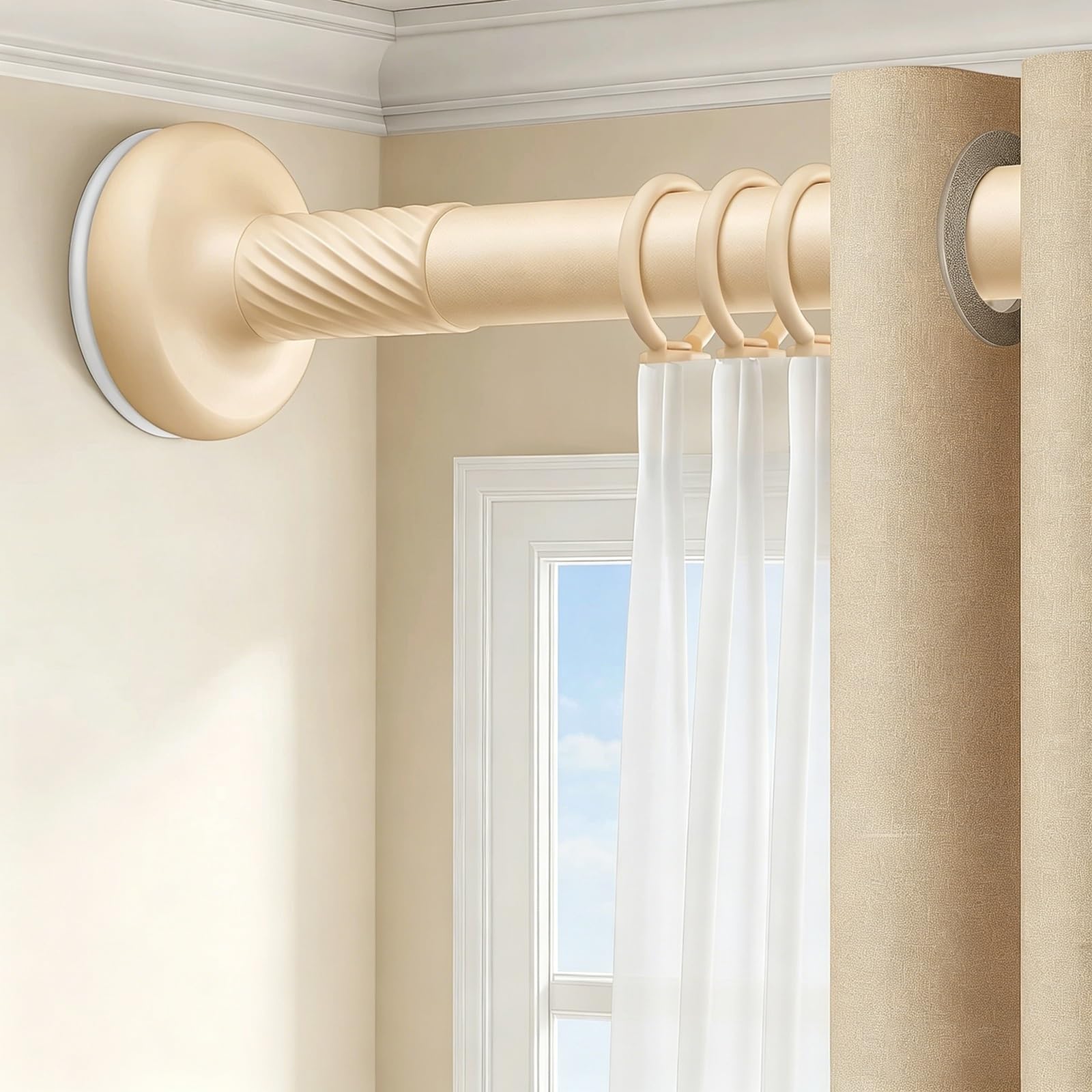 Gardinenstange Ohne Bohren mit 20 Gardinenringen, 70 bis 490 Cm, Geeignet für Gestrichene Fliesen, Glaswände, Fenster, Badezimmer, Balkon und Erker(Beige,70-120cm/28-47in)