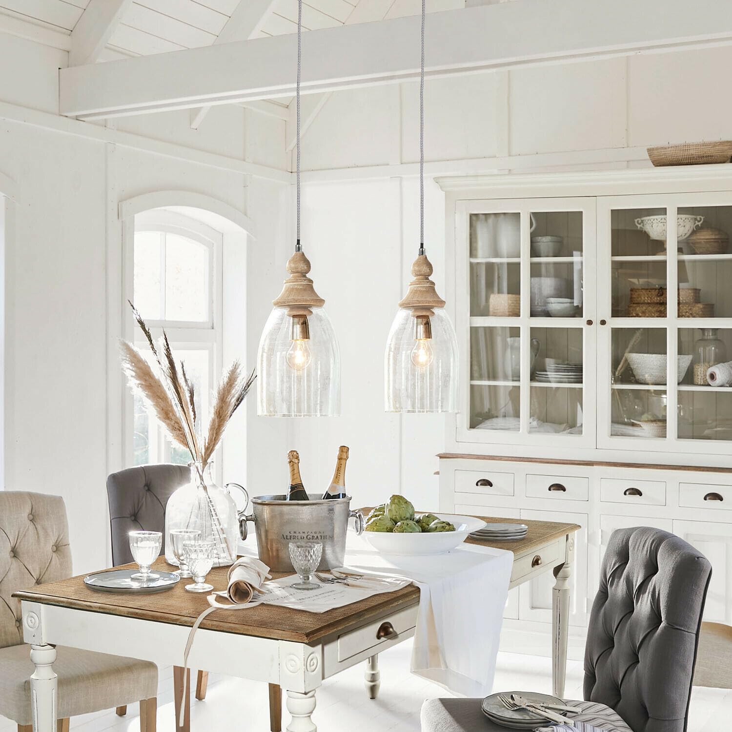 LOBERON Raina Suspension - Abat-jour en verre transparent résistant - Élément ouvragé en bois finition ancienne, transparent
