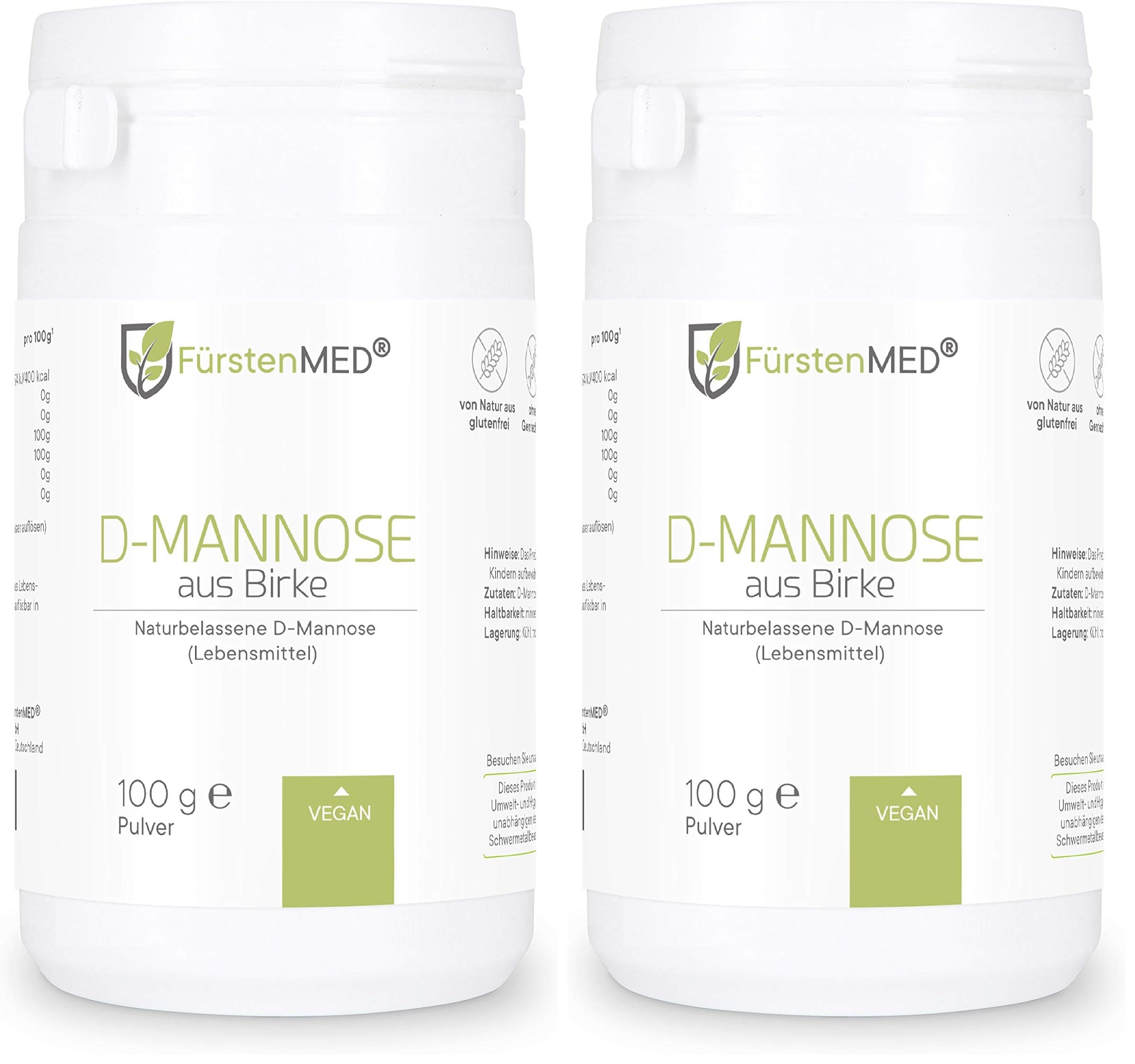 FürstenMED® D-Mannose Pulver aus Birke (kein Mais) - 100g Mannose Pulver mit Messlöffel (2g pro Tagesdosis) - Laborgeprüft, Vegan und Ohne unerwünschte Zusatzstoffe (Packung mit 2)