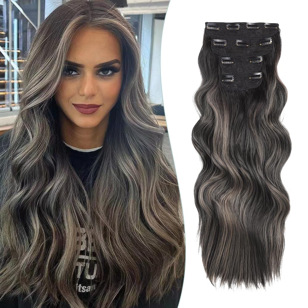 MSCHARM Clip in Hair Extensions 4PCS Long Wavy Clip in