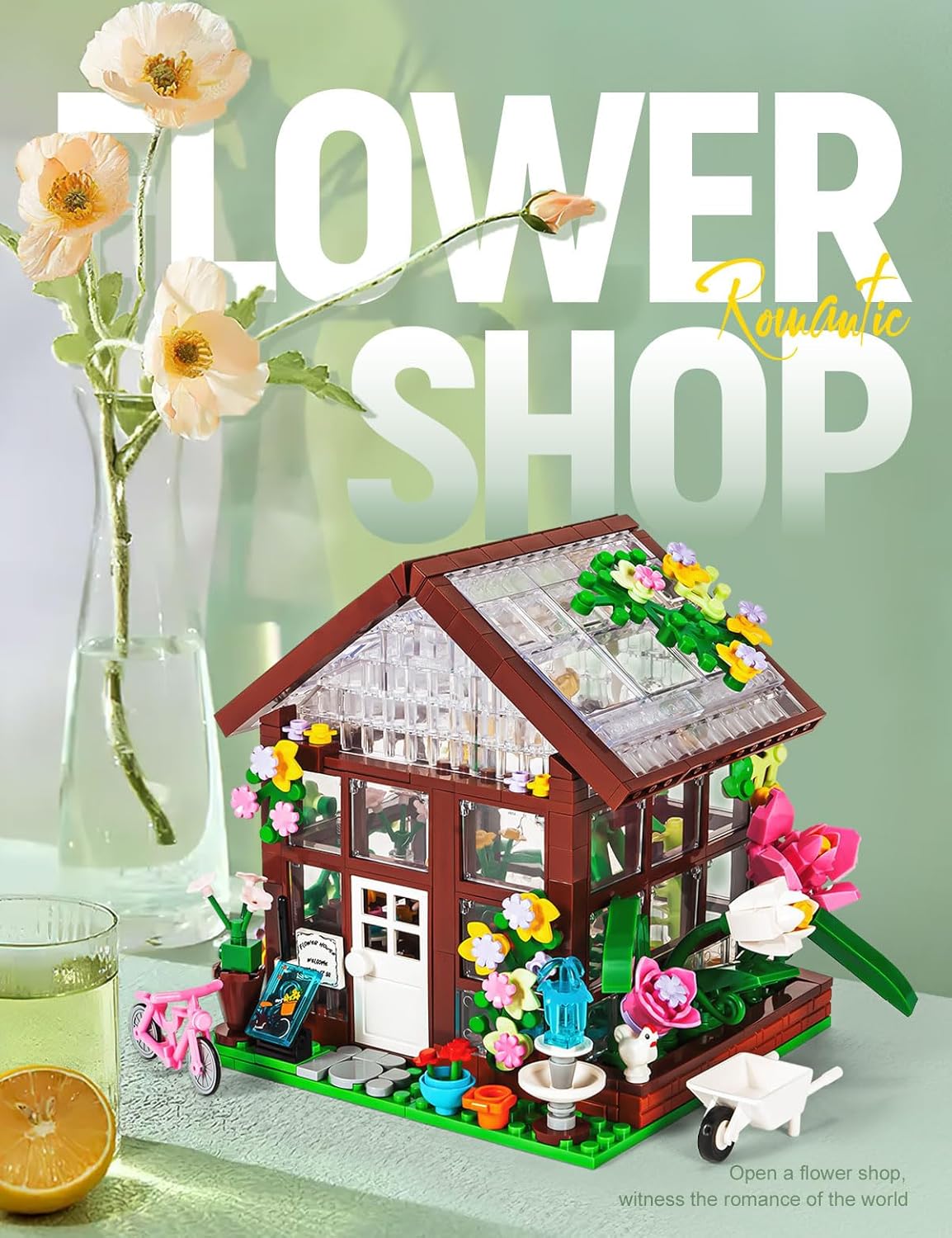 SEMKY City Series Flower House Building Blocks Set with LED Lights, (579Pieces) Creative Flower House Model Gifts for Kid and Adult