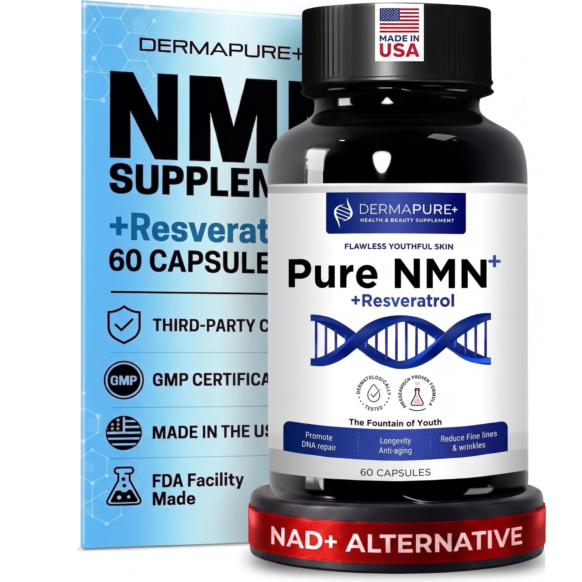 DermaPure+ NMN+ Supplement – 4-in-1 with Resveratrol | Niacinamide | Vitamin E – Anti-Aging, Supports Cellular Energy & NAD+ Levels | 3rd-Party Tested, GMP-Certified & FDA-Facility Made (1 Pack) A. 1 Box