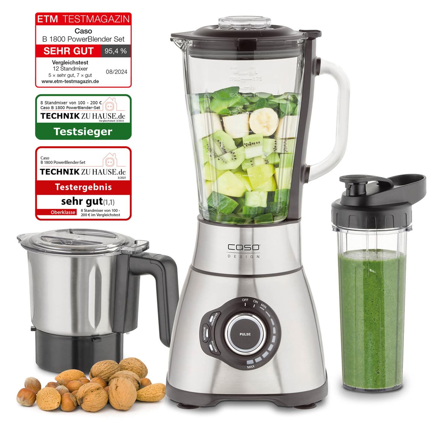 CASO B 1800 PowerBlender-Set - Standmixer, 28.000 U/min, Glasbehälter 1,75 L, inkl. Trinkflasche und Zerkleiner, Mixer Testsieger mit sehr gut, Edelstahl