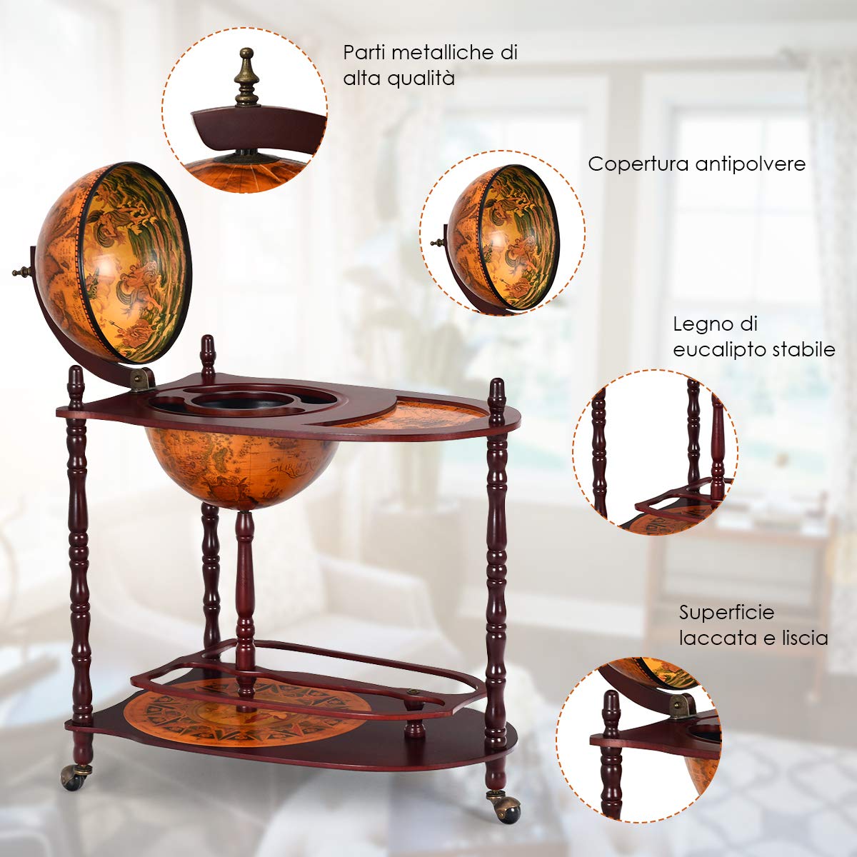 GYMAX Portabottiglie di Vino con Mappamondo, Carrello Bar con Ruote, Mobile da Bar da Vino con Coperchio e Piastra di Base, Stile Vintage, per Casa, Bar e Ristoranti