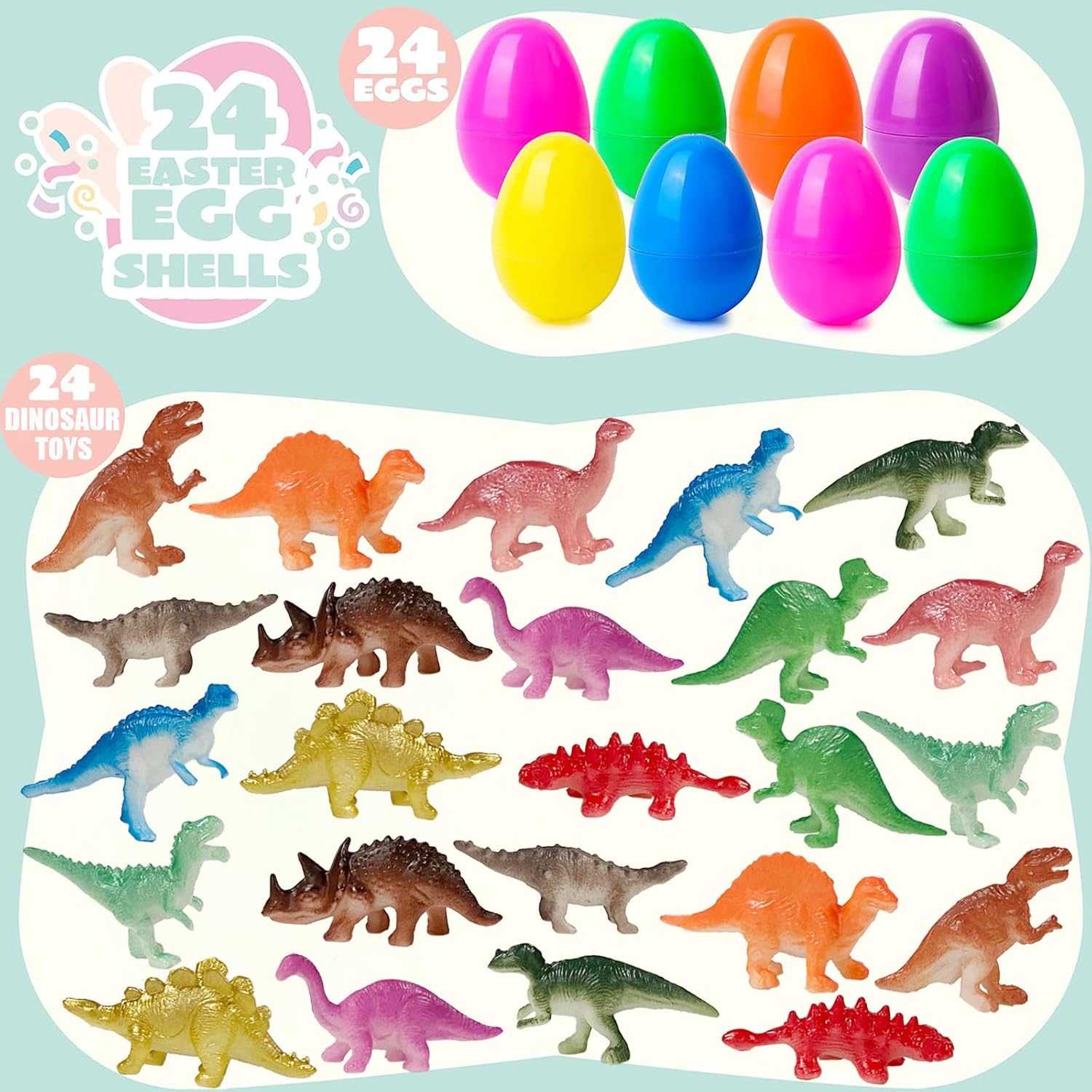 24Pack Easter Eggs with Dinosaur Toys Easter Basket Stuffers Easter Party Favors for Kids Easter Egg Hunt Filler Classroom Prizes - Image 3
