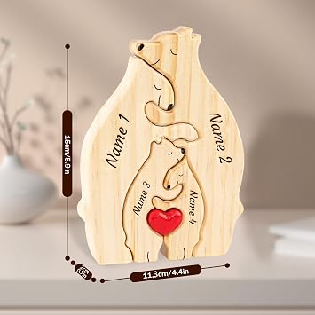 Personalized Wooden Name Puzzle Hugging Bears Family Puzzle with Names Fathers Day Home Decor Custom Mom/Dad/Family Members, Bear DecorBirthday Present (4 Bears)