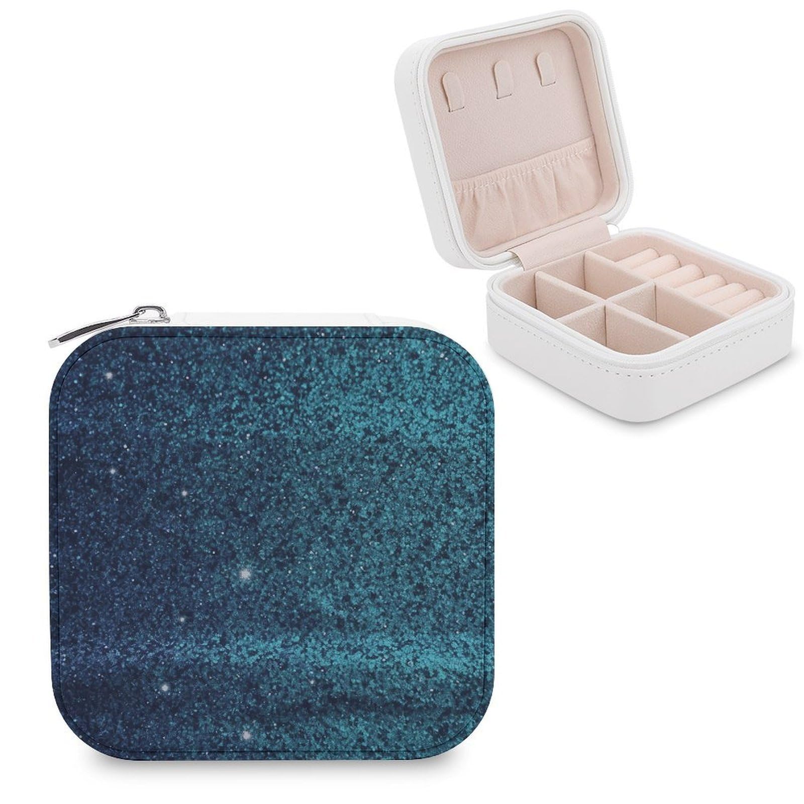 MUSM Teal Glitter Travel Jewelry Case Personalized PU Leather Jewelry Boxes for Women Small Portable Jewelry Organizer Box Cute Trinket Box for Necklaces Rings Earrings & Gifts