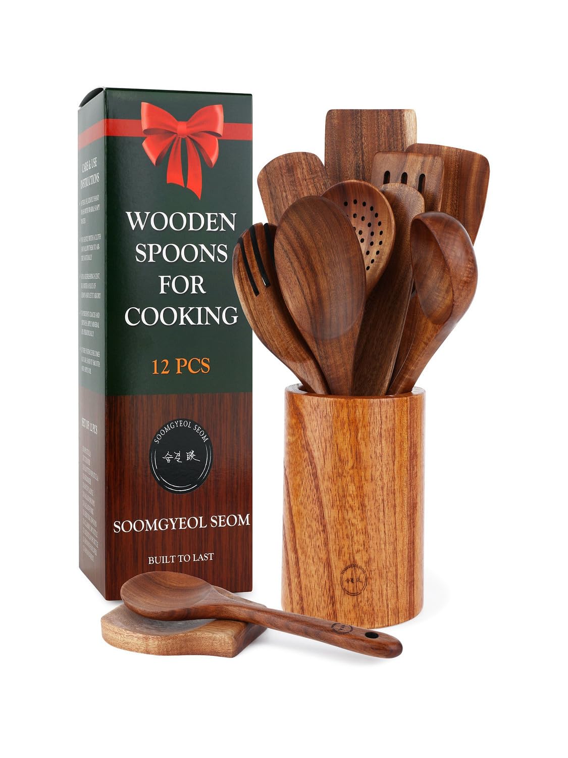 100% Natural Teak Wood Wooden Utensil Set – 12 Pcs Cooking Tools with Large Spoon Holder & Rest – Non-Stick, Heat Resistant, Durable, Food-Safe & Eco-Friendly Kitchen Gadgets