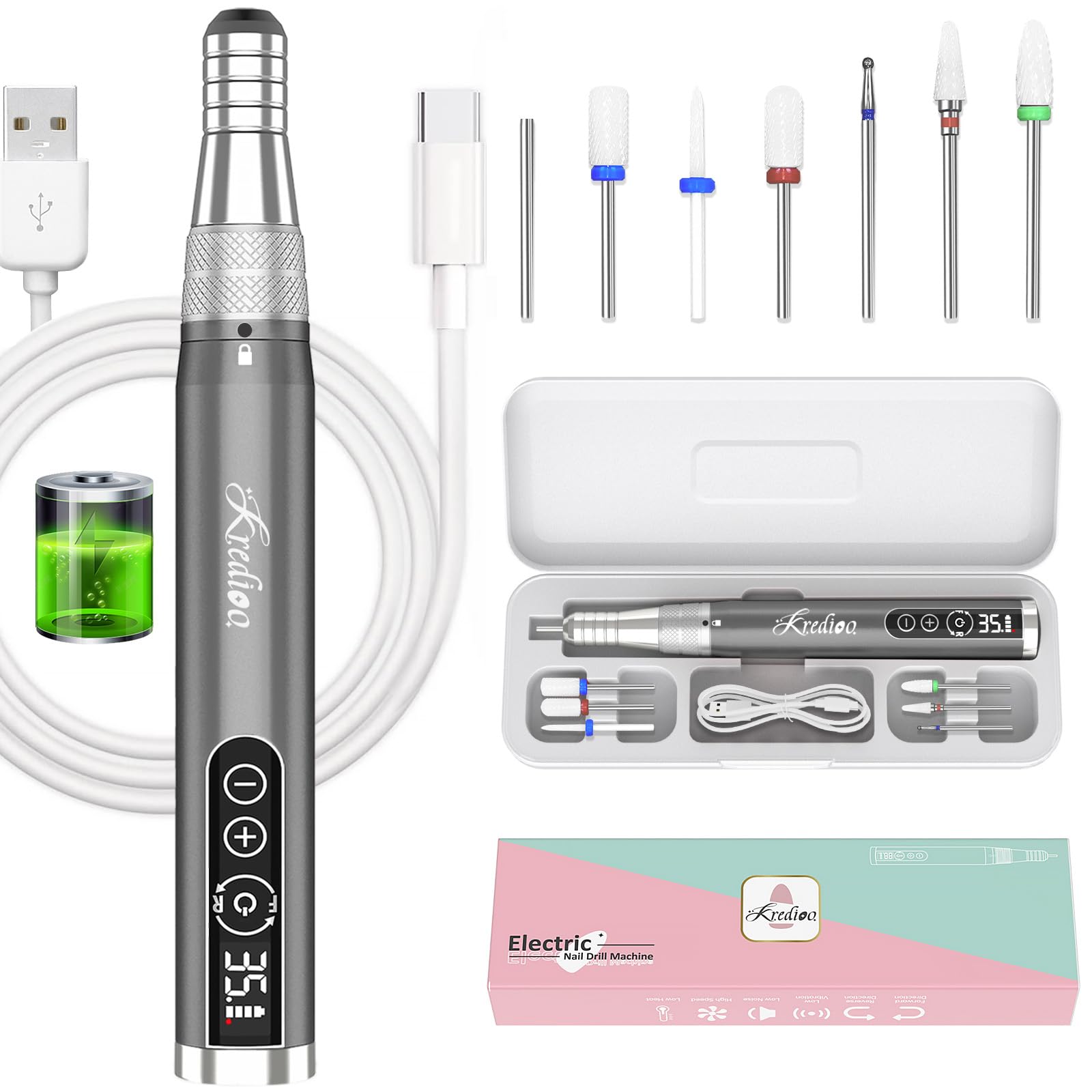 Kredioo Torno para Uñas Profesional, Inalámbrico 35000 RPM Velocidad Ajustable, Recargable Lima Electrica Uñas, Lápiz Manicura y Pedicura, Pulidor Portatil, Kit con 6 Brocas, para Salón DIY (Gris)