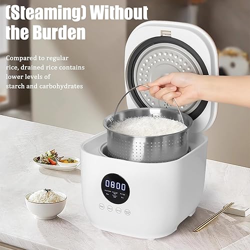 Miniatura 2 de Olla arrocera baja en azúcar de 3 litros con cesta de vapor de arroz, olla de arroz inteligente para eliminar almidón para 6 tazas, vaporizador