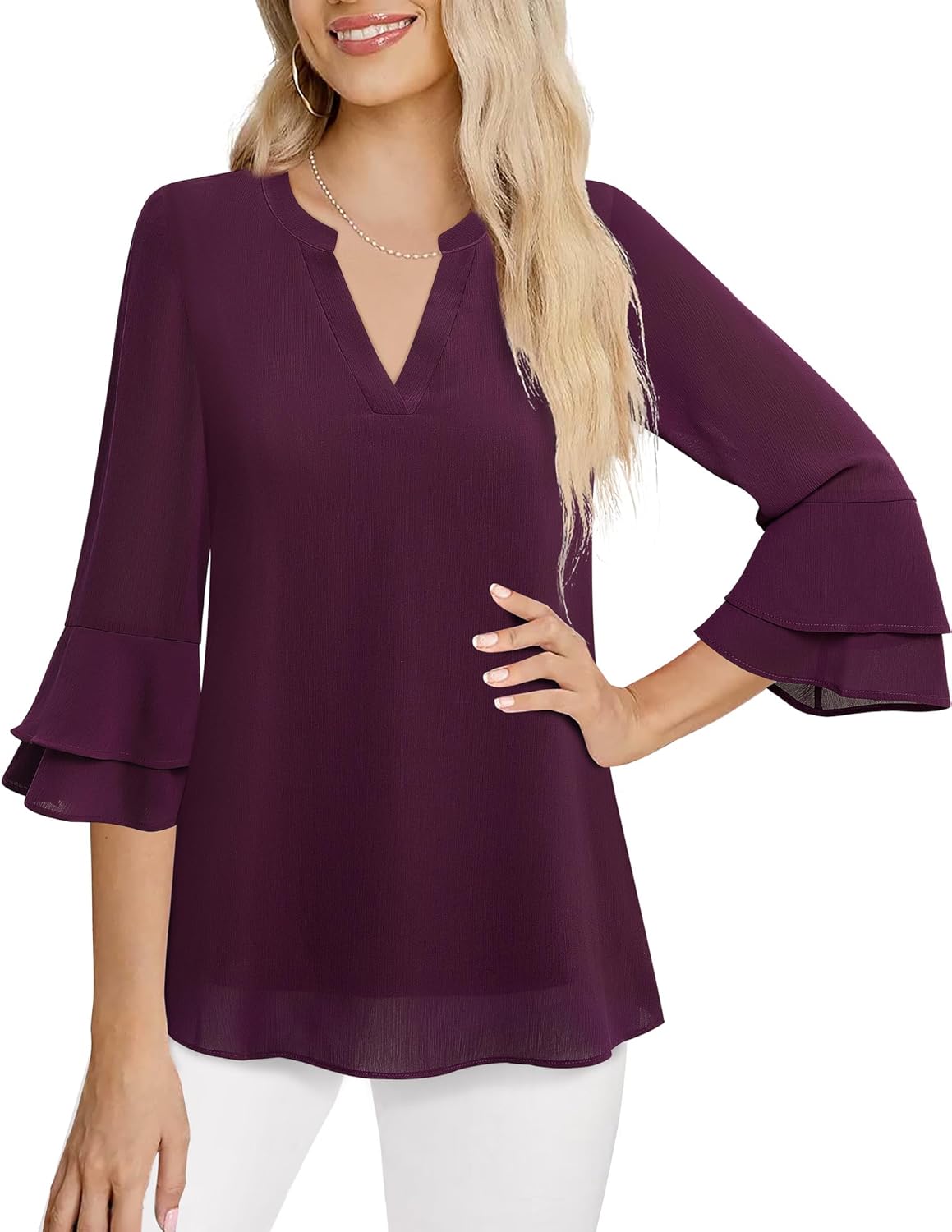 Lotusmile Womens Tops Dressy Casual 3/4 Tiered Bell Sleeve Blouses Double Layered Chiffon Work Tunic Shirts - Image 4