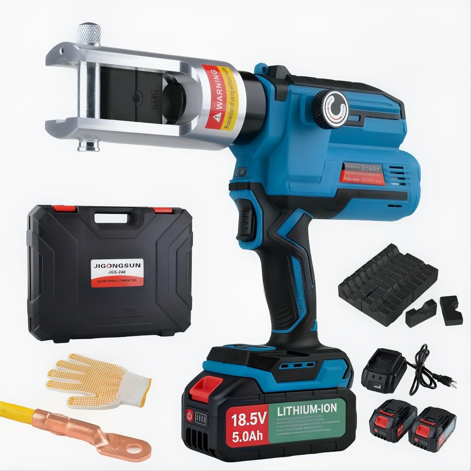 JIGONGSUN Electric Hydraulic Crimping Tool, Battery Cable Crimper Tool, 10 Ton Wire Crimpers Electrical, Rang 6AWG-600MCM and Electrical Wire Lugs