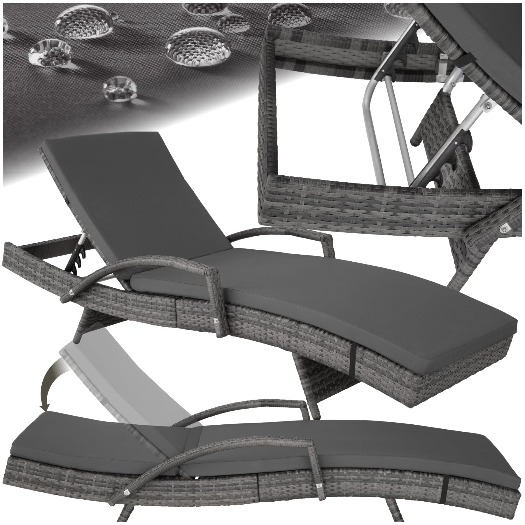 TecTake® Tumbona Jardín Exterior de Ratán y Aluminio, Tumbona de Piscina con Respaldo Regulable en 5 Posiciones, Tumbona de Playa Impermeble y Resistente a Intemperie, Fácil Limpieza - Gris