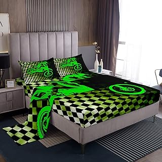 Boys Dirt Bike Bed Sheets,Motocross Rider King Sheet Set,Black and White Buffalo Plaid Sheets,Cool Sport Car Flat Sheet Fluorescent Green Motorcycle Fitted Sheet for Kids Teens Bedroom Decorâ€¦