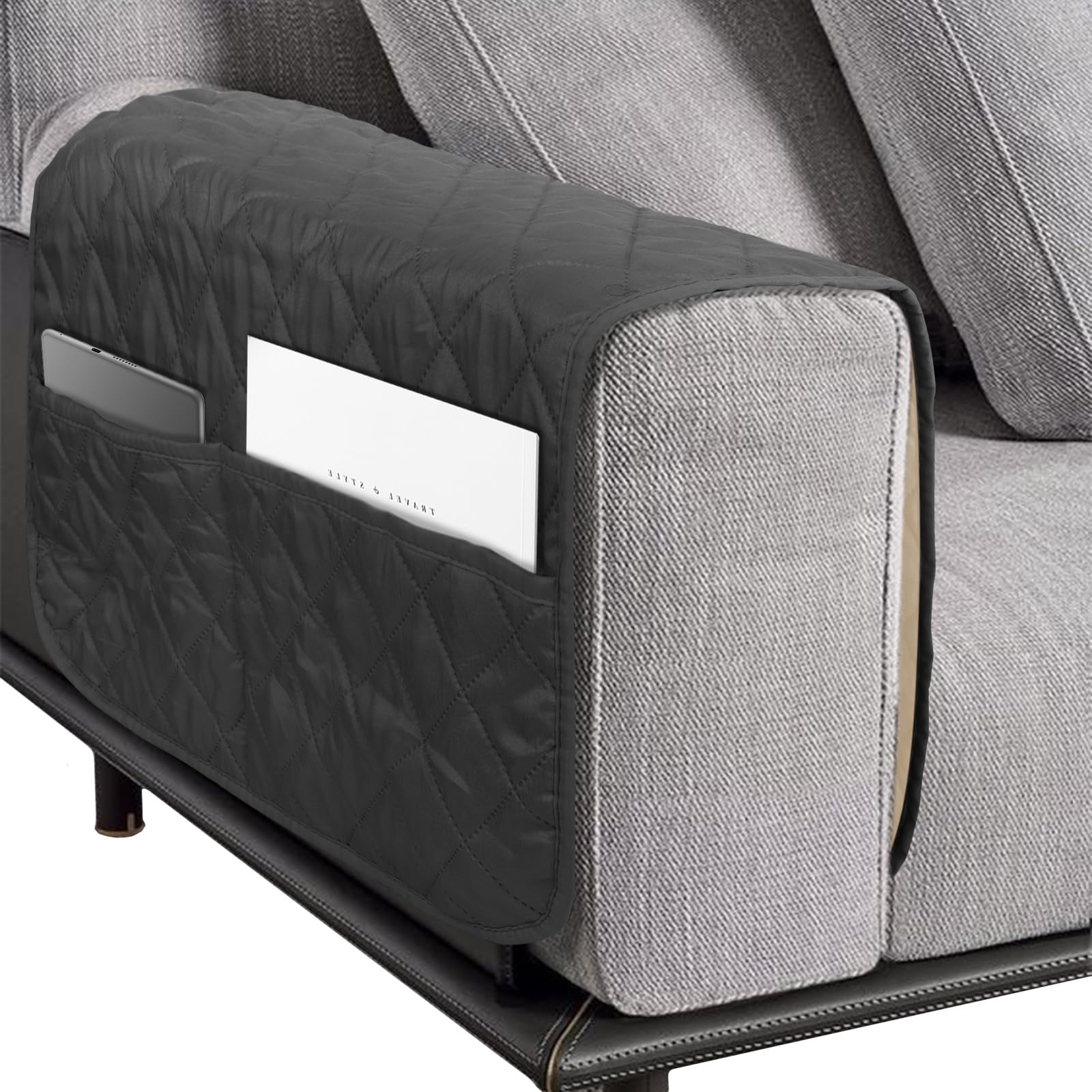 NiCola Sofa Armrest Cover 1pc Dark Grey Arm Rest Chair Covers, Waterproof Chair Armrest Covers with Pockets for Sofa, Recliner Chair, Armchair (Dark Grey)